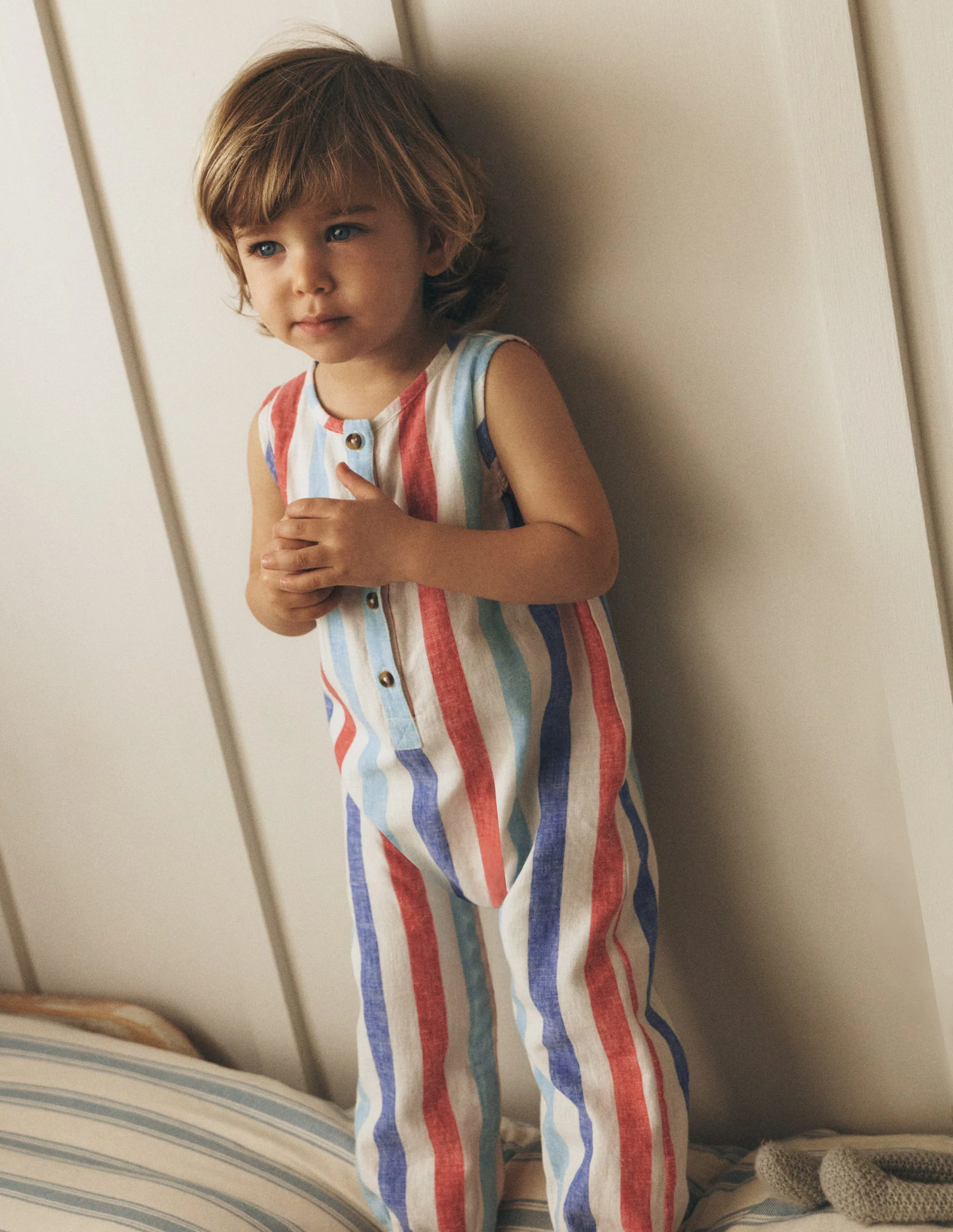 Button Down Romper-Red and Blue Multi Stripe