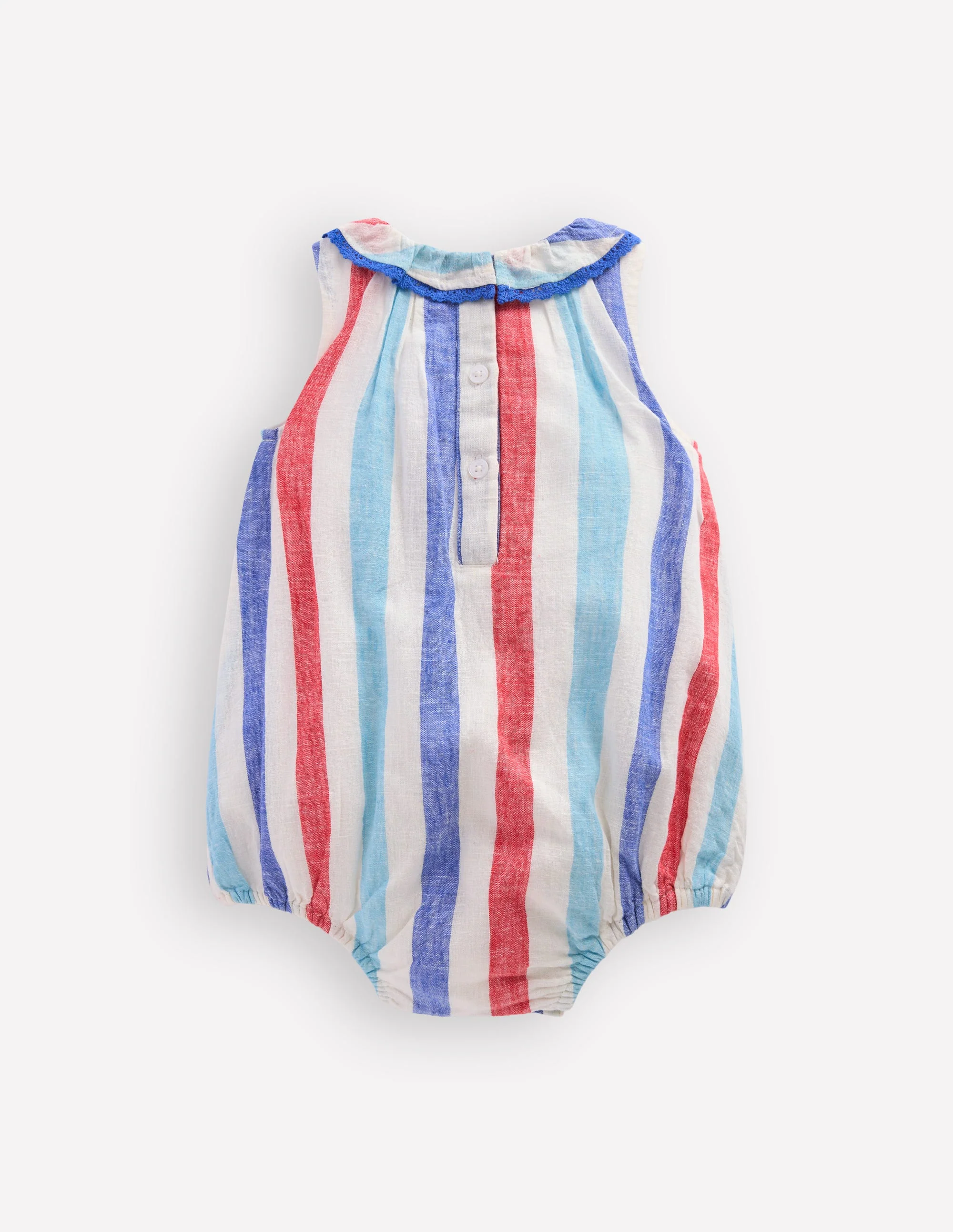 Frill Neck Bubble Romper-Red and Blue Multi Stripe - Image 3