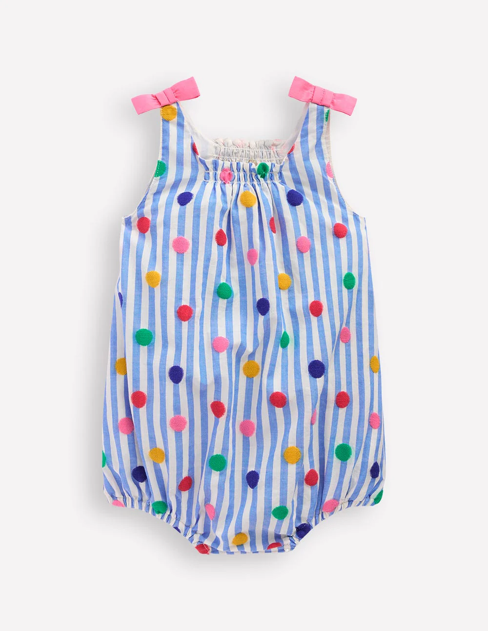 Girls Bubble Romper-Rainbow Spot Stripe