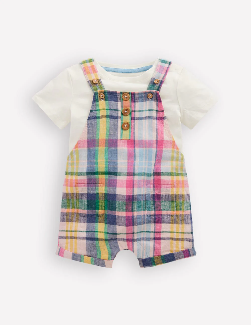 Short Woven Overalls Set-Madras Check