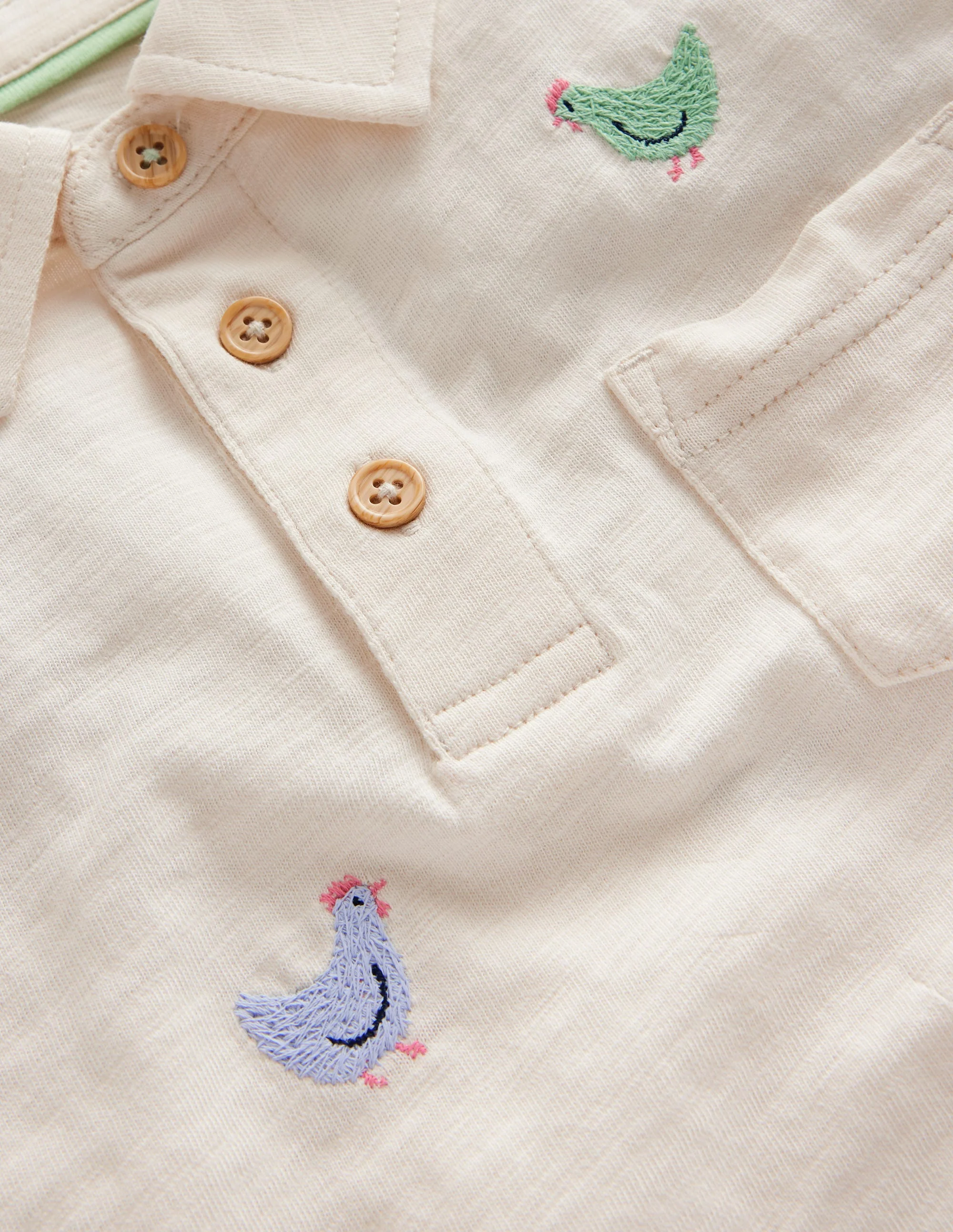 Embroidered Slub Polo Shirt-Ivory Chicken Embroidery - Image 3
