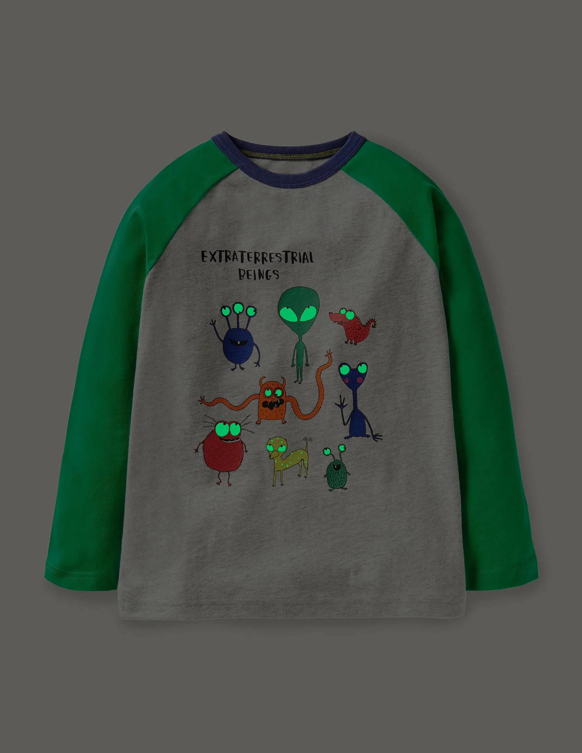 Glowing Space Raglan T-shirt-Grey Marl/Green Aliens - Image 4