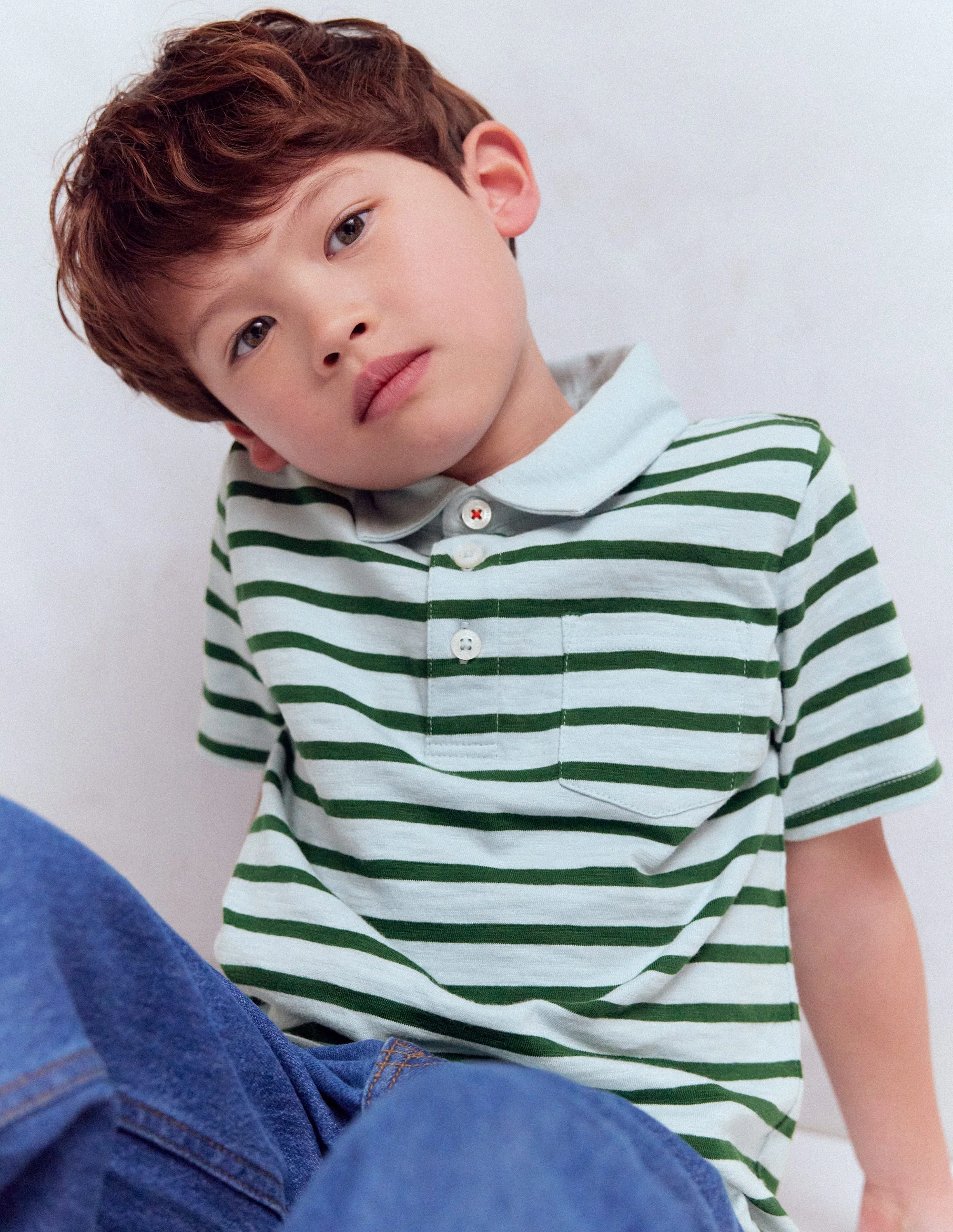 Slub Polo Shirt-Misty Blue/ Pine Green - Image 3