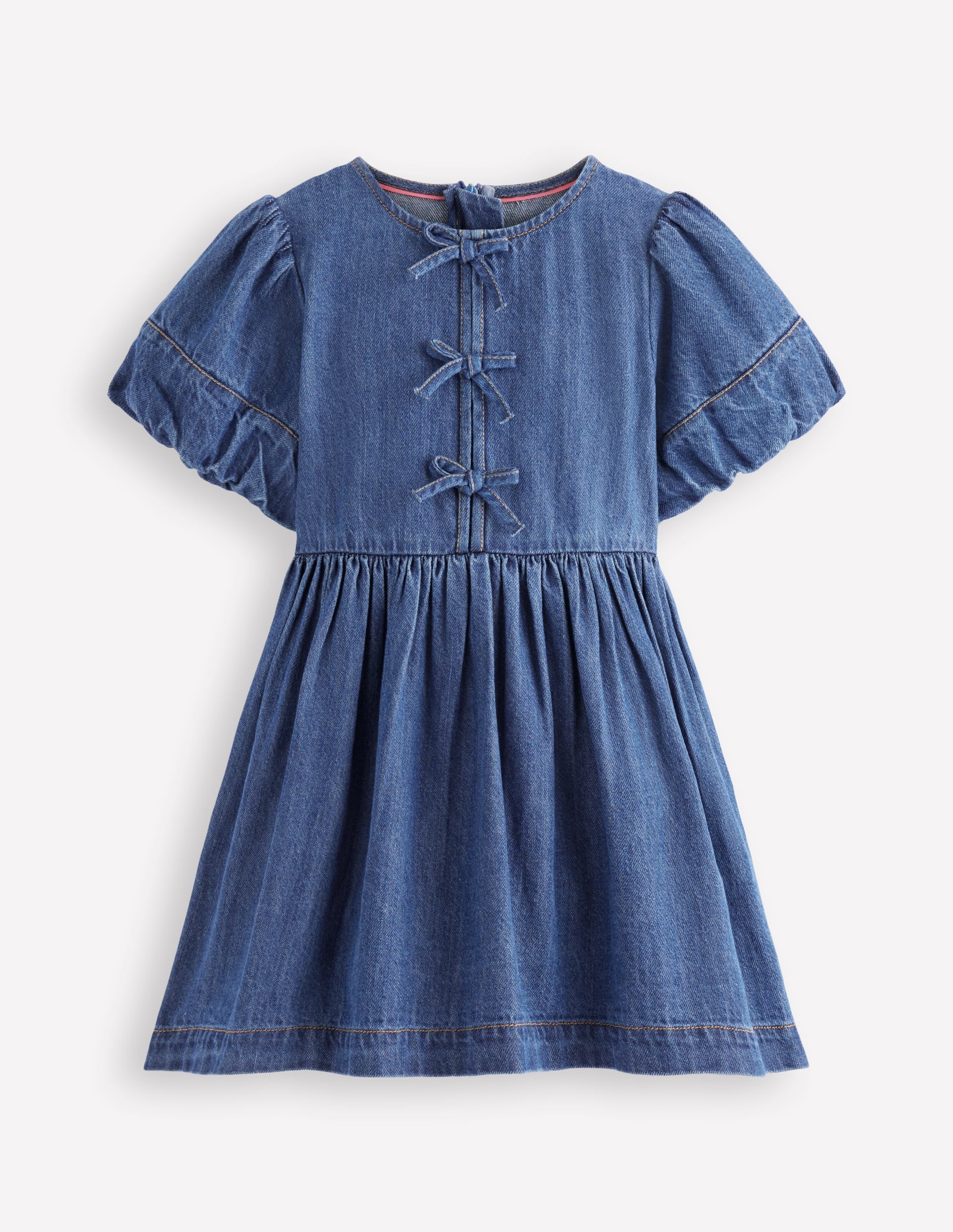 Bow Front Woven Dress-Mid Vintage Denim - Image 2