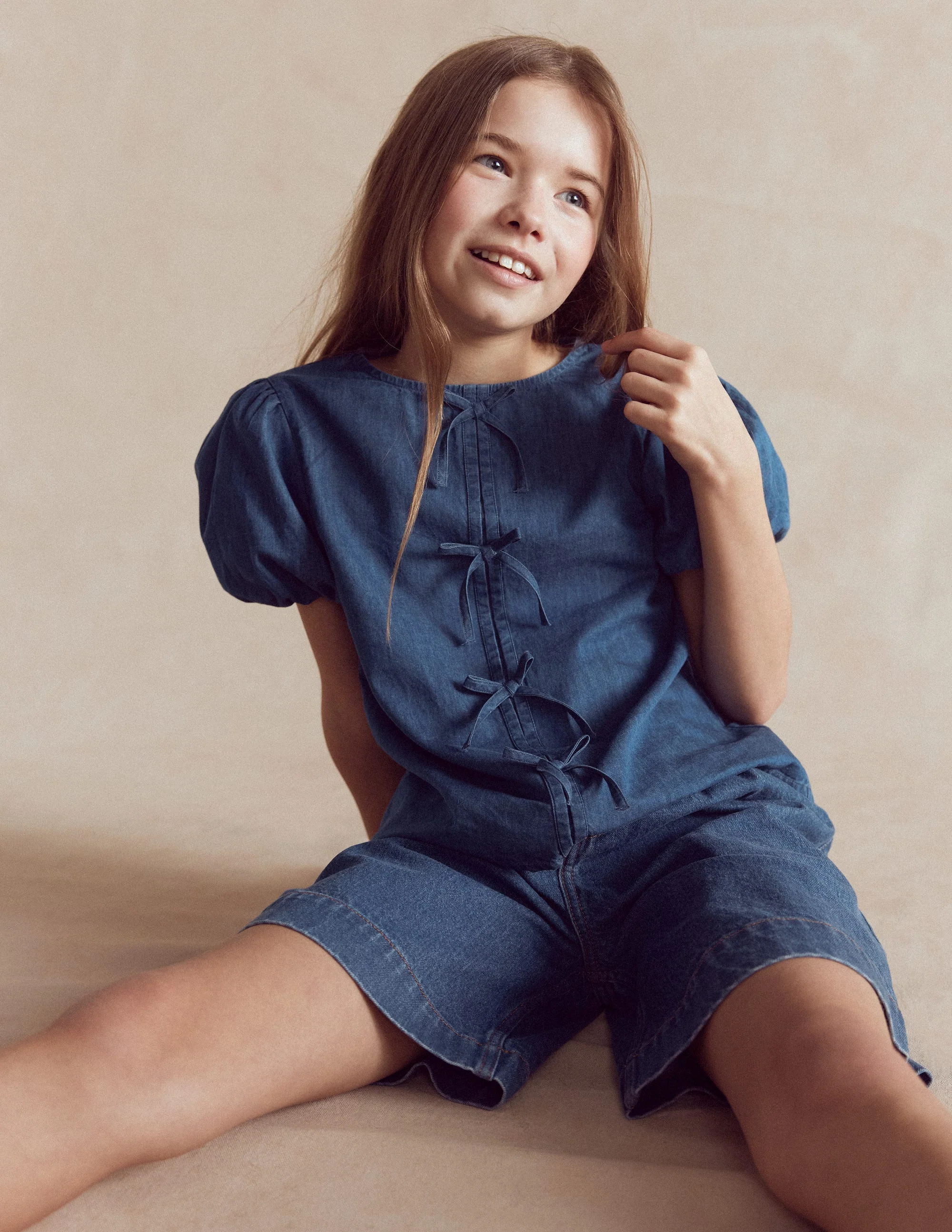 Bow Front Woven Top-Chambray - Image 2
