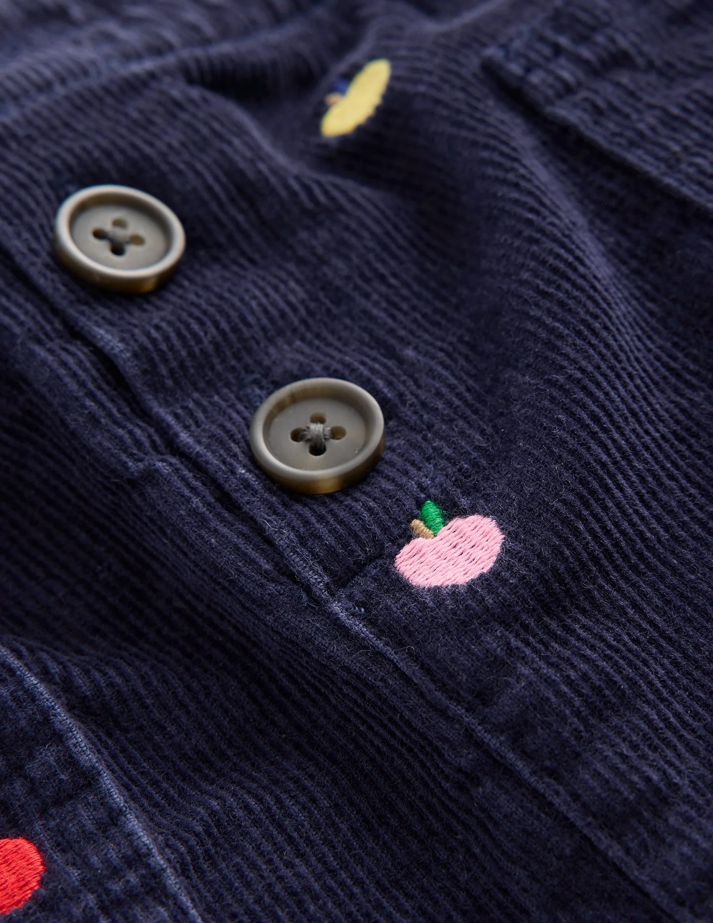 Button Pull-On Mini Skirt-Navy Multi Apples Embroidery - Image 6