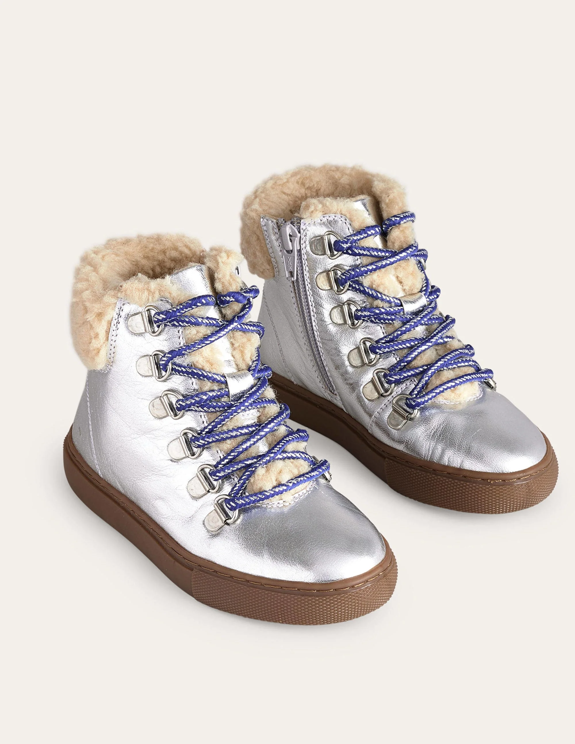 Cosy Leather Lace Up Boots-Silver Metallic - Image 2