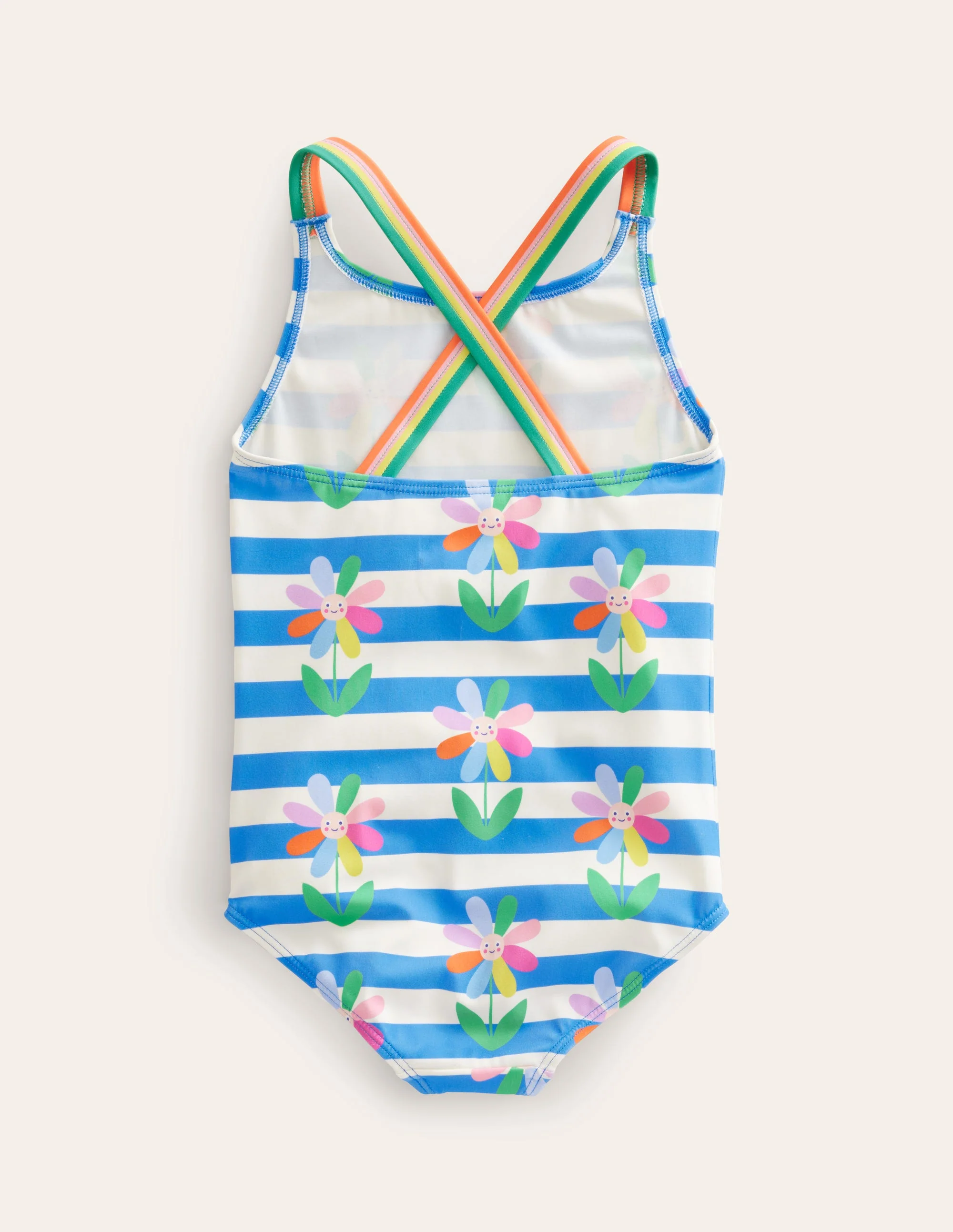 Cross-back Printed Swimsuit-Cabana Blue Daisy Stripe - Image 2