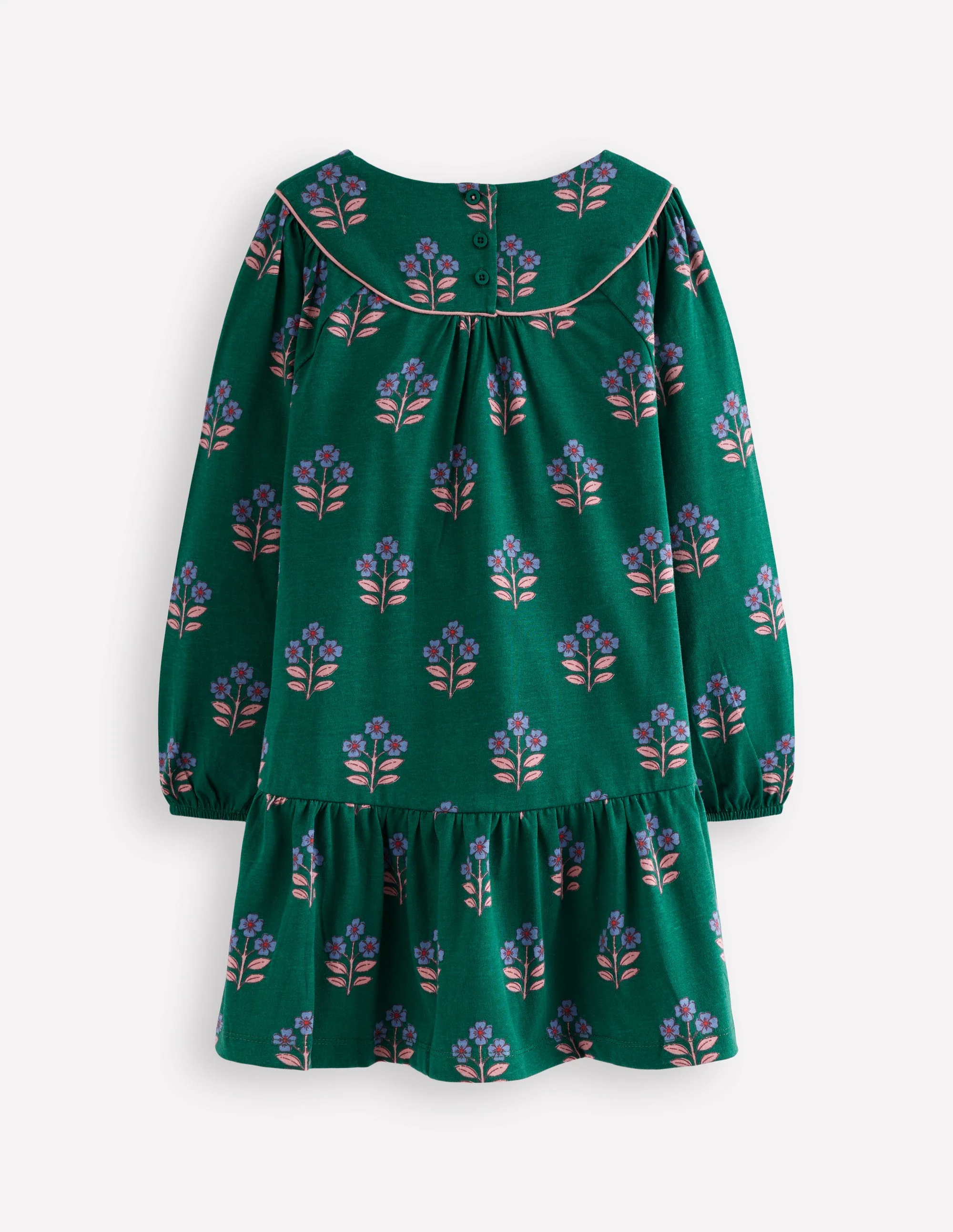 Curved Yoke Jersey Dress-Jewel Green Flower Stamp - Image 2