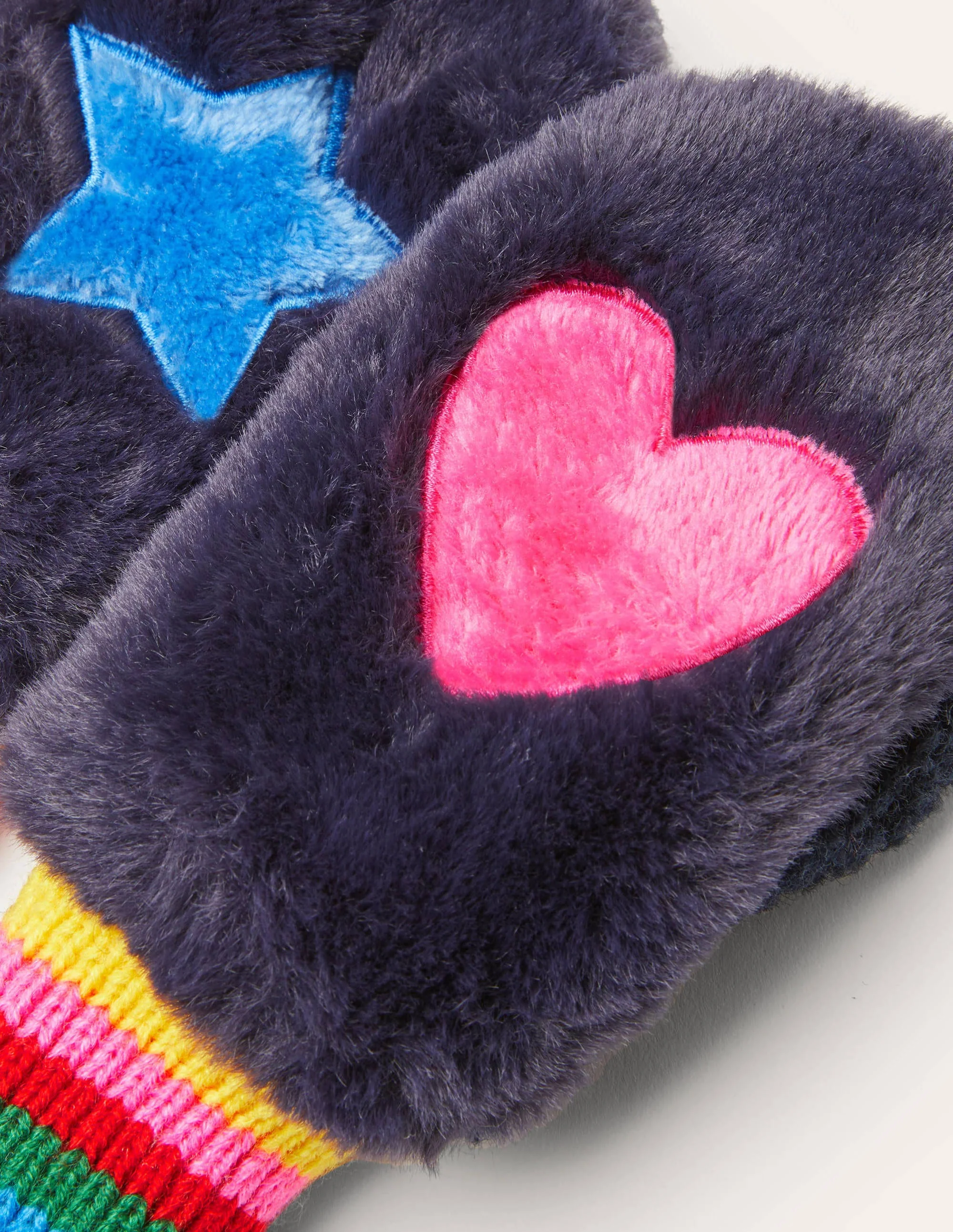 Faux Fur Mittens-College Navy Rainbow - Image 2
