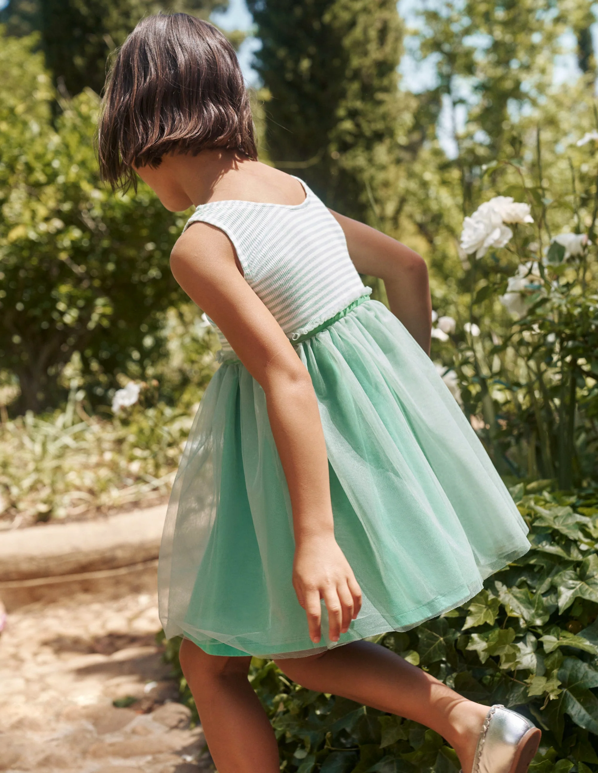 Jersey Tulle Mix Dress-Pistachio Green / Ivory Stripe - Image 5