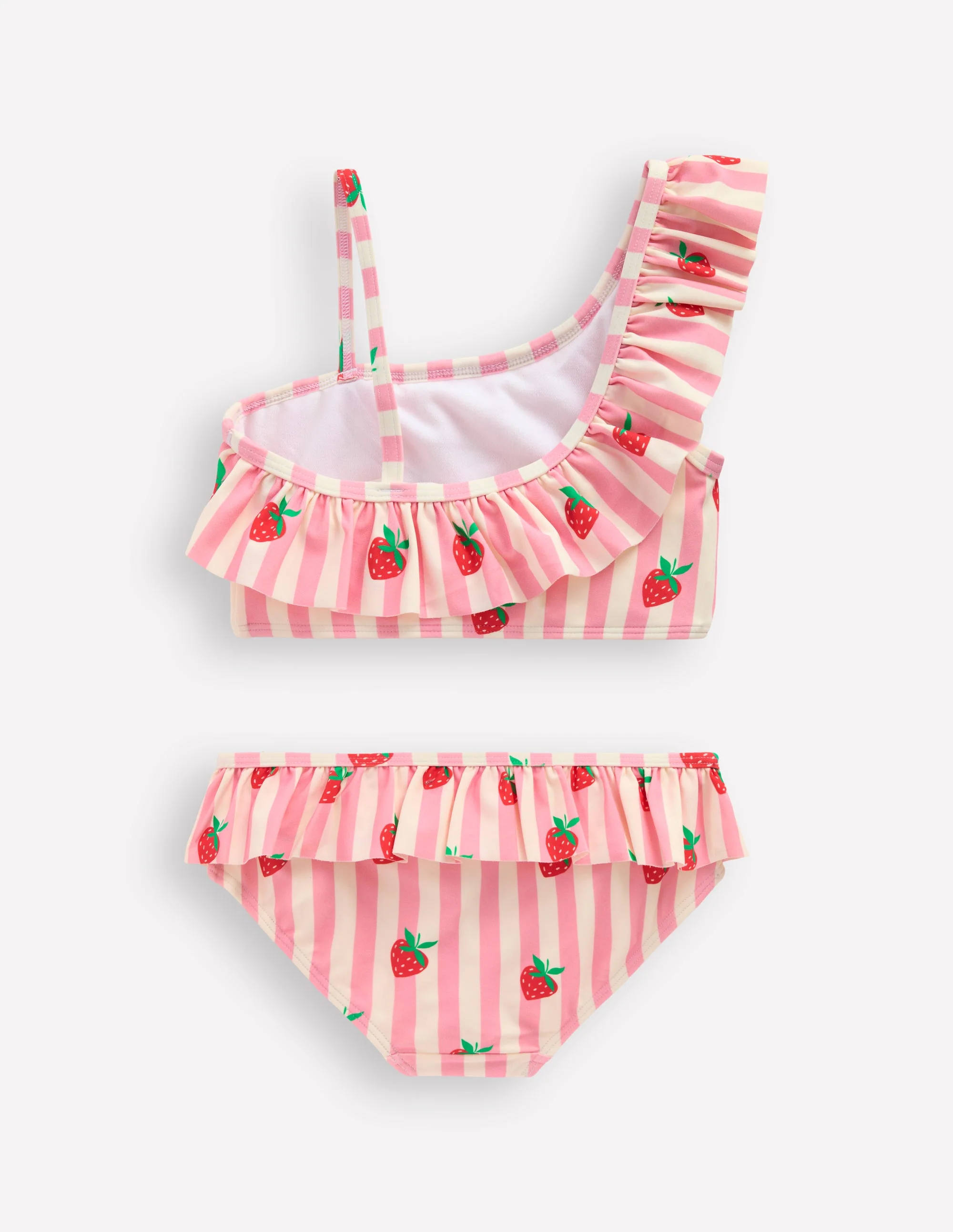 One Shoulder Frill Bikini Set-Pink strawberry stripe - Image 2