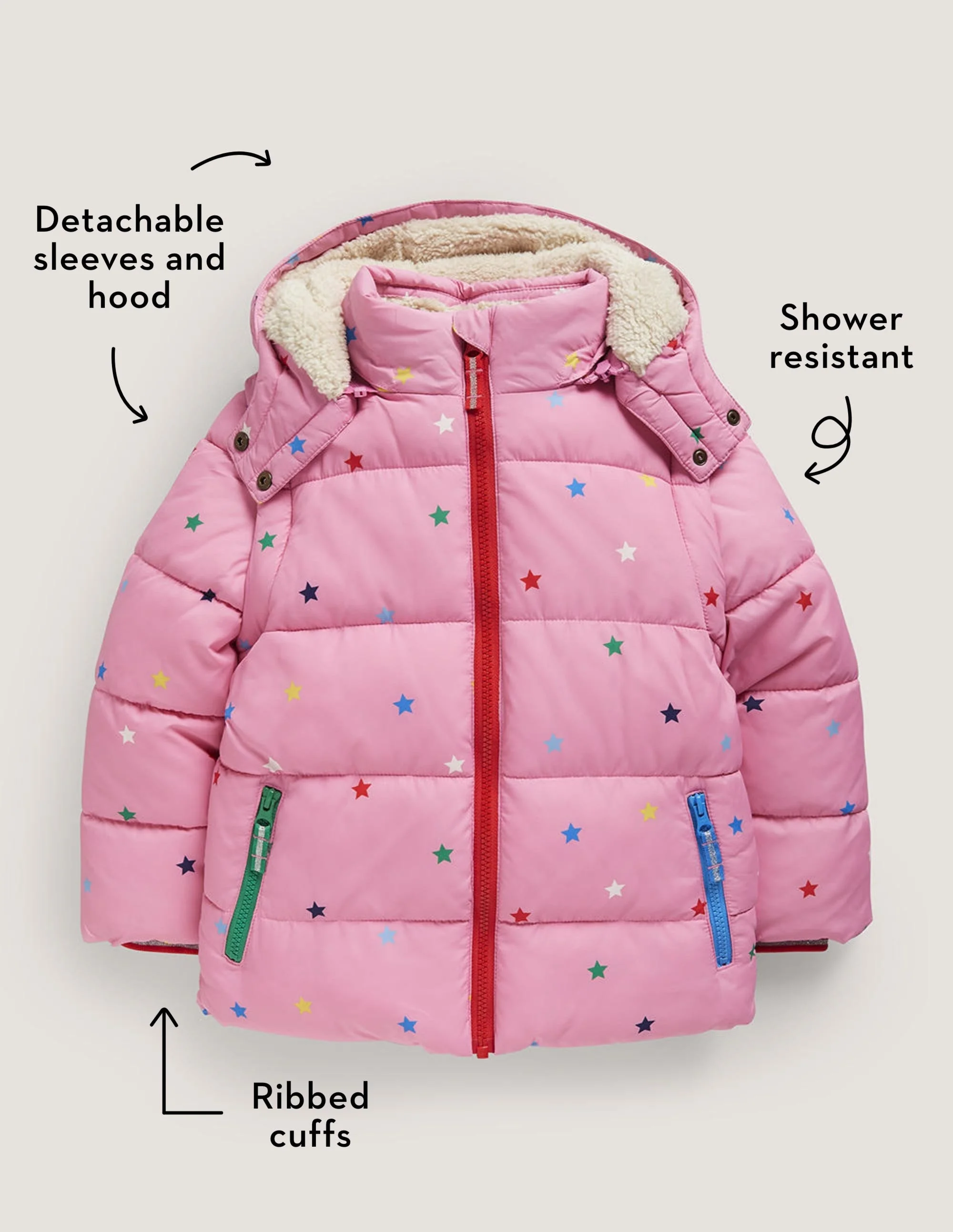 Pink Star Print Hooded Puffer Jacket-Bright Petal Pink Multi Star - Image 5