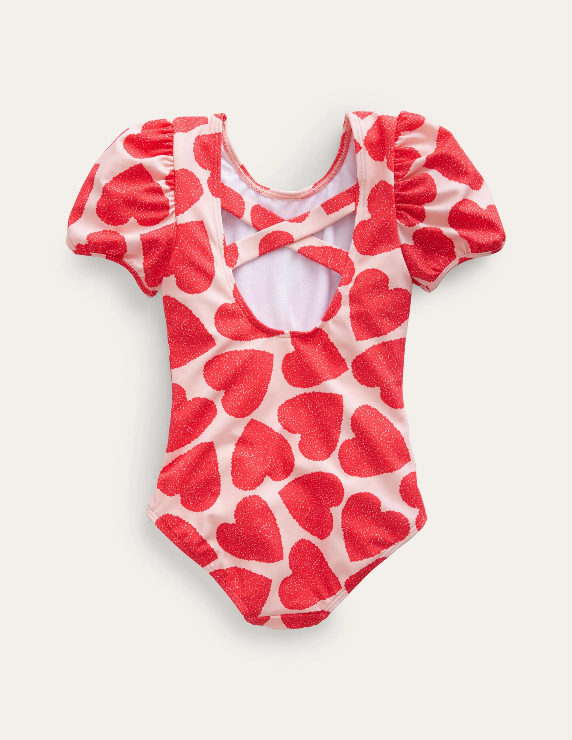 Printed Puff-sleeved Swimsuit-Ballet Pink Hearts - Image 2