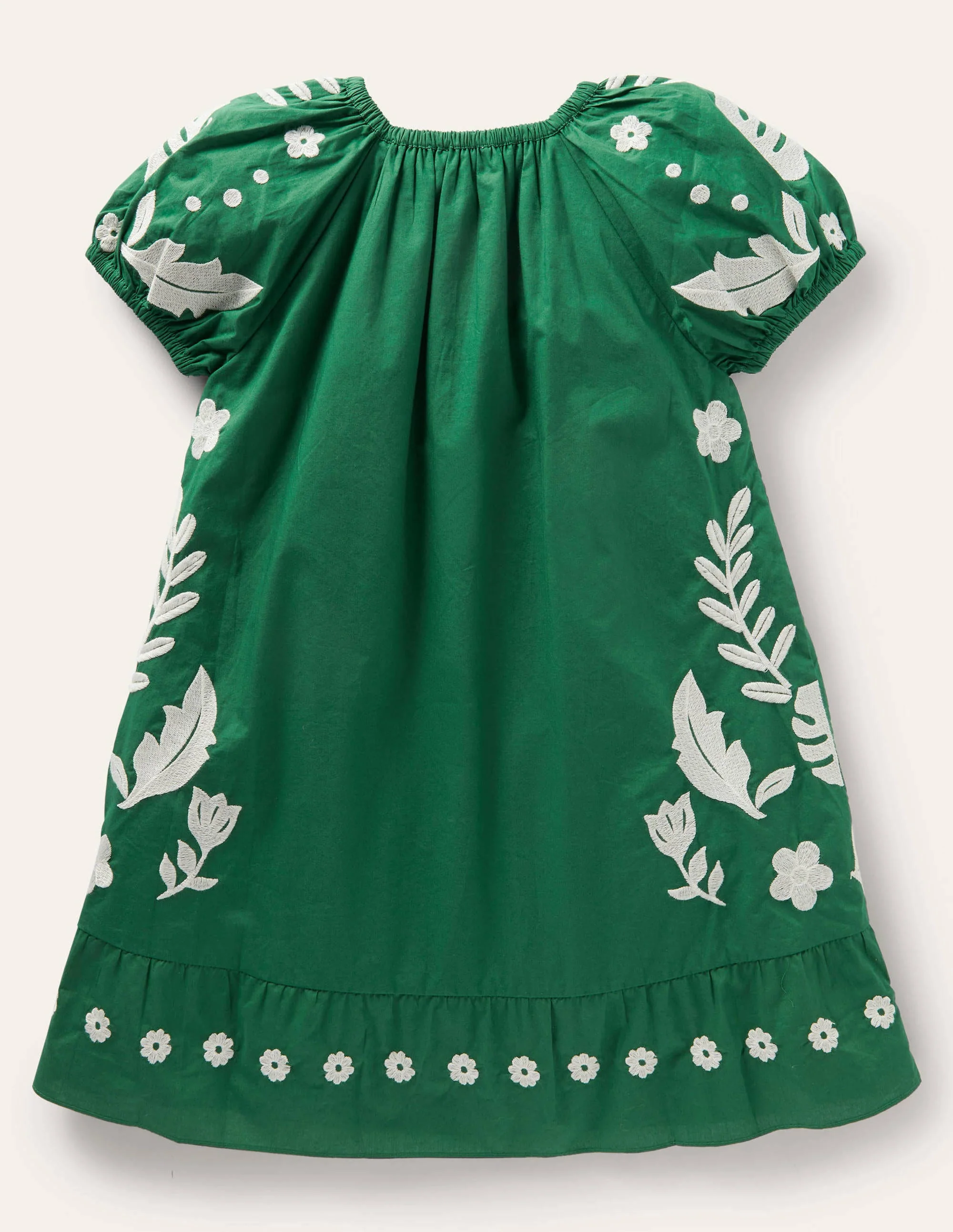 Puff Sleeve Embroidered Dress-Green Pepper Birds - Image 2