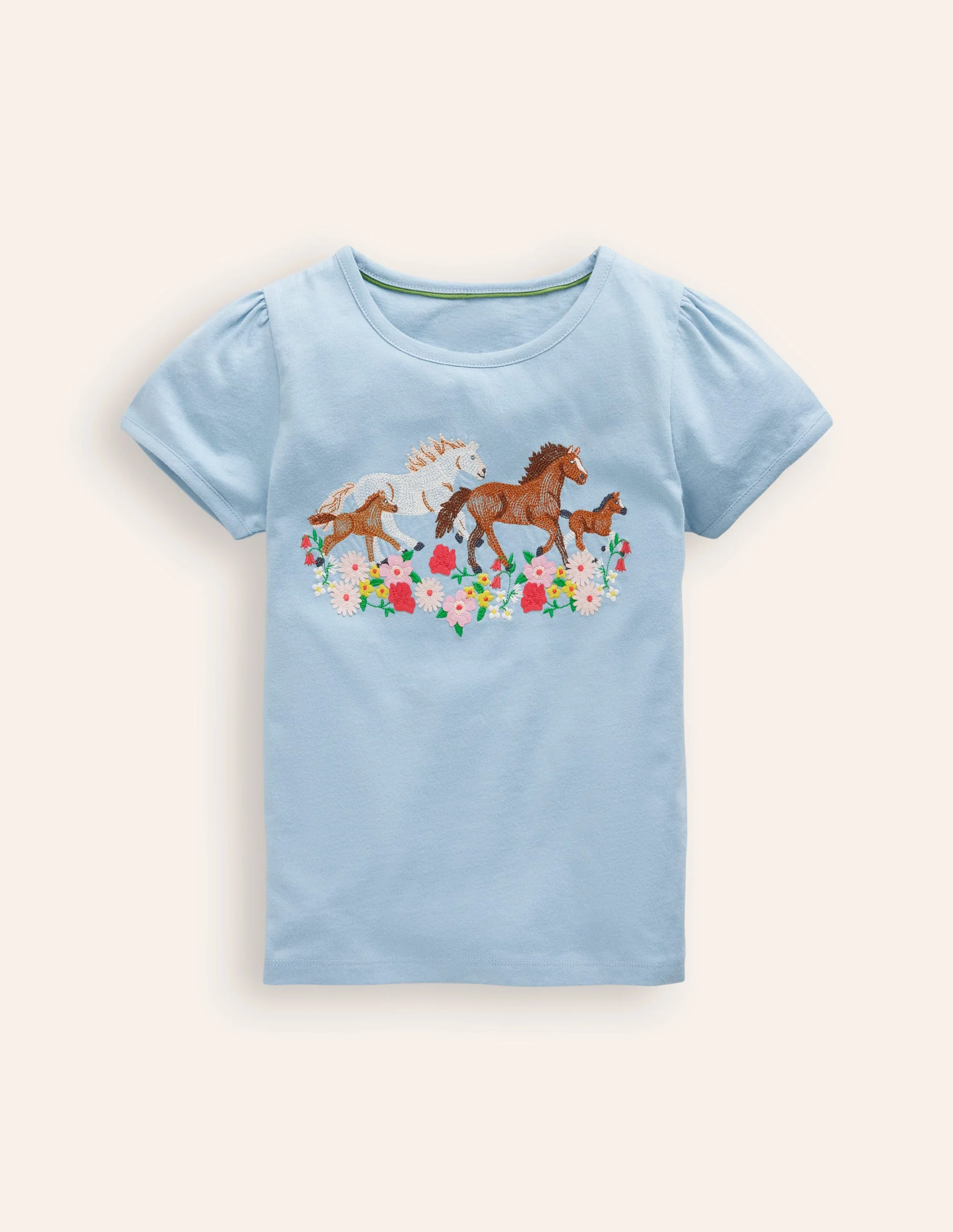 Puff Sleeve Superstitch Top-Blue Horses