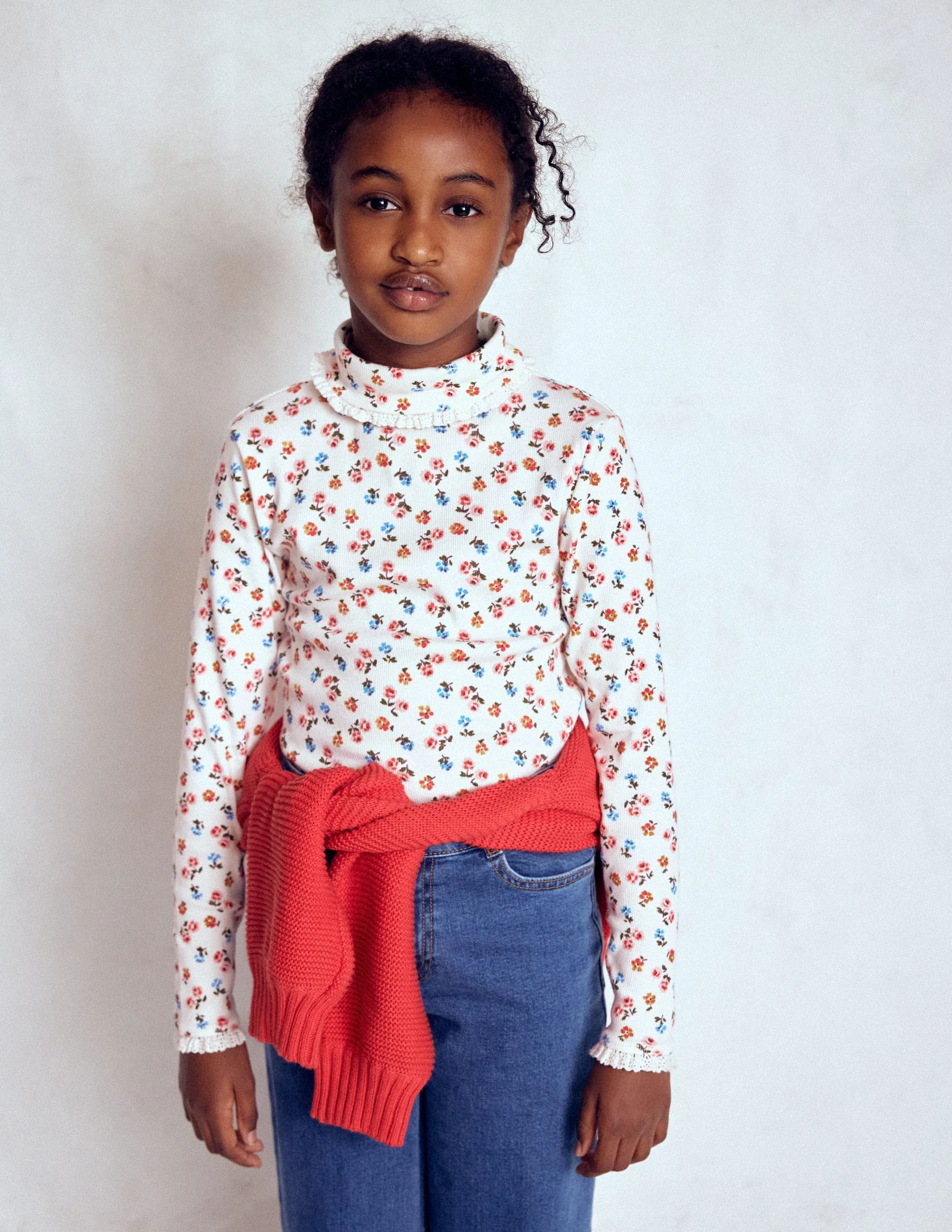 Ribbed Roll Neck Top-Soft Ivory Rose Sprig - Image 2