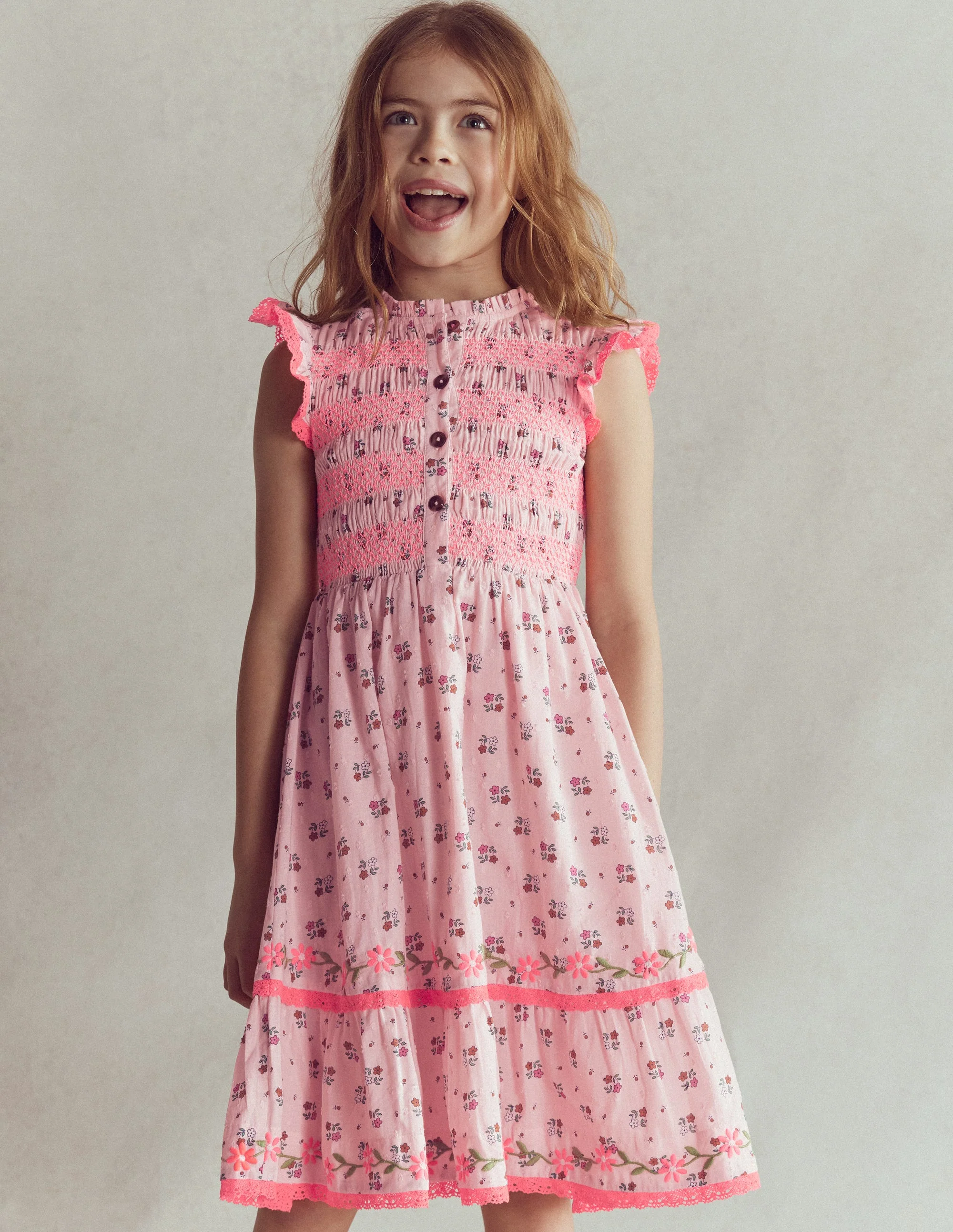 Shirred Bodice Midi Dress-Chalk Pink Daisy Chain - Image 4