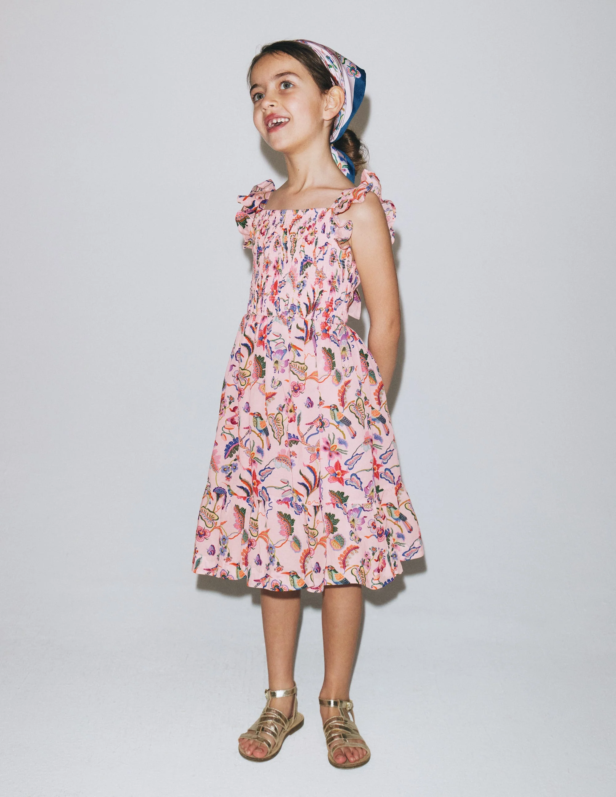 Shirred Bow Back Detail Dress-Multi Pink Floral - Image 4