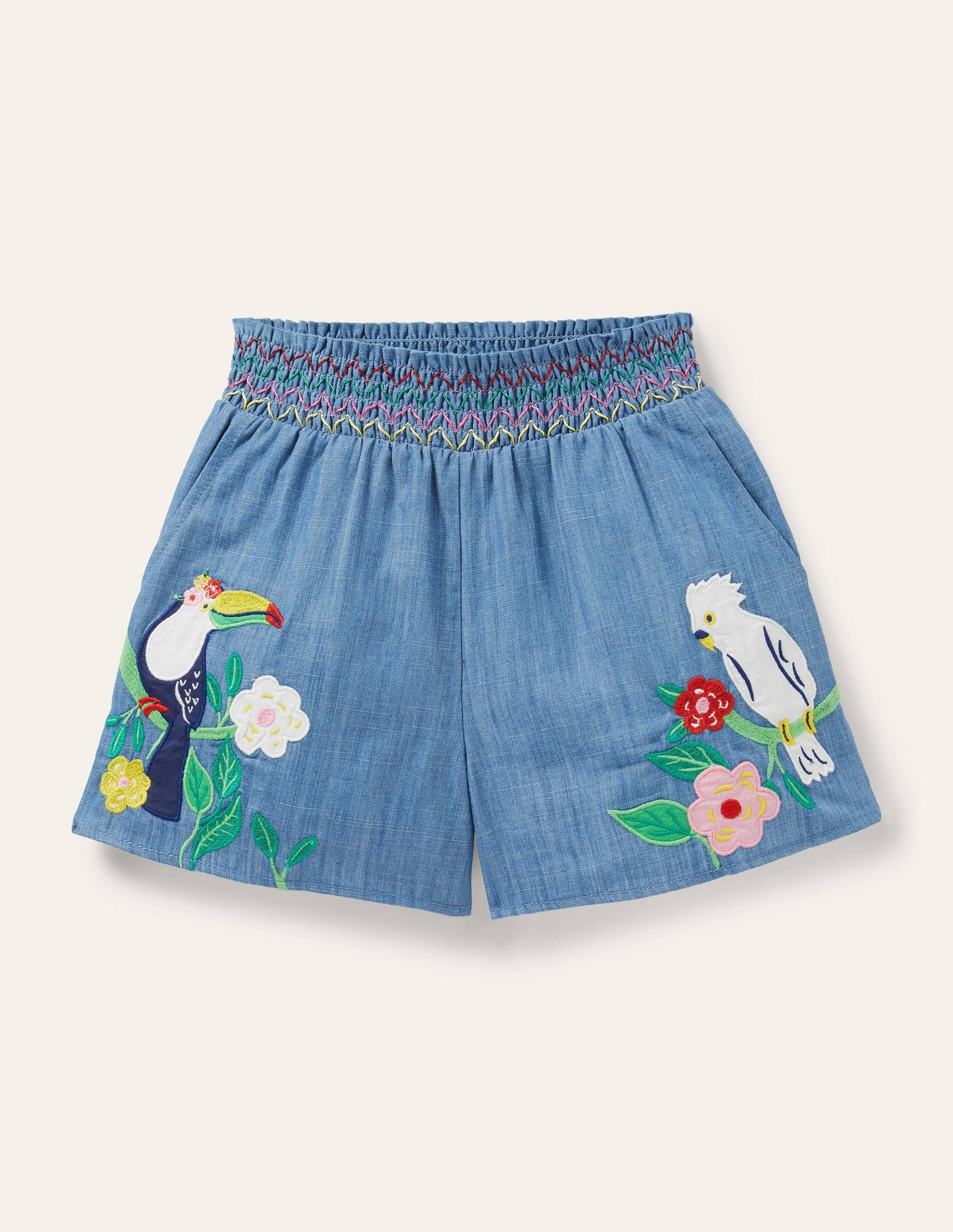Shirred Embroidered Shorts-Chambray Birds