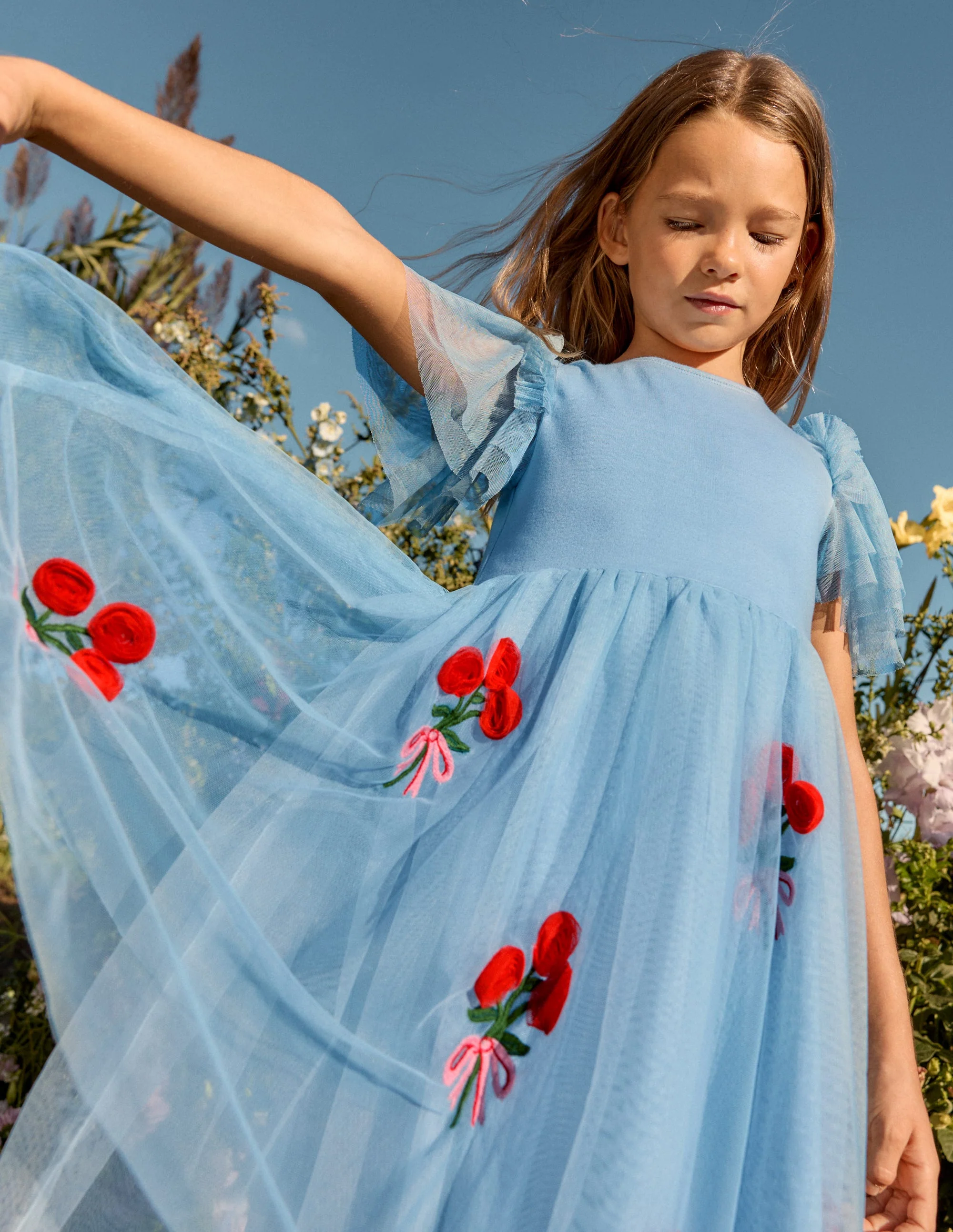 Short Sleeve Logo Tulle Dress-Glacier Blue Roses - Image 4