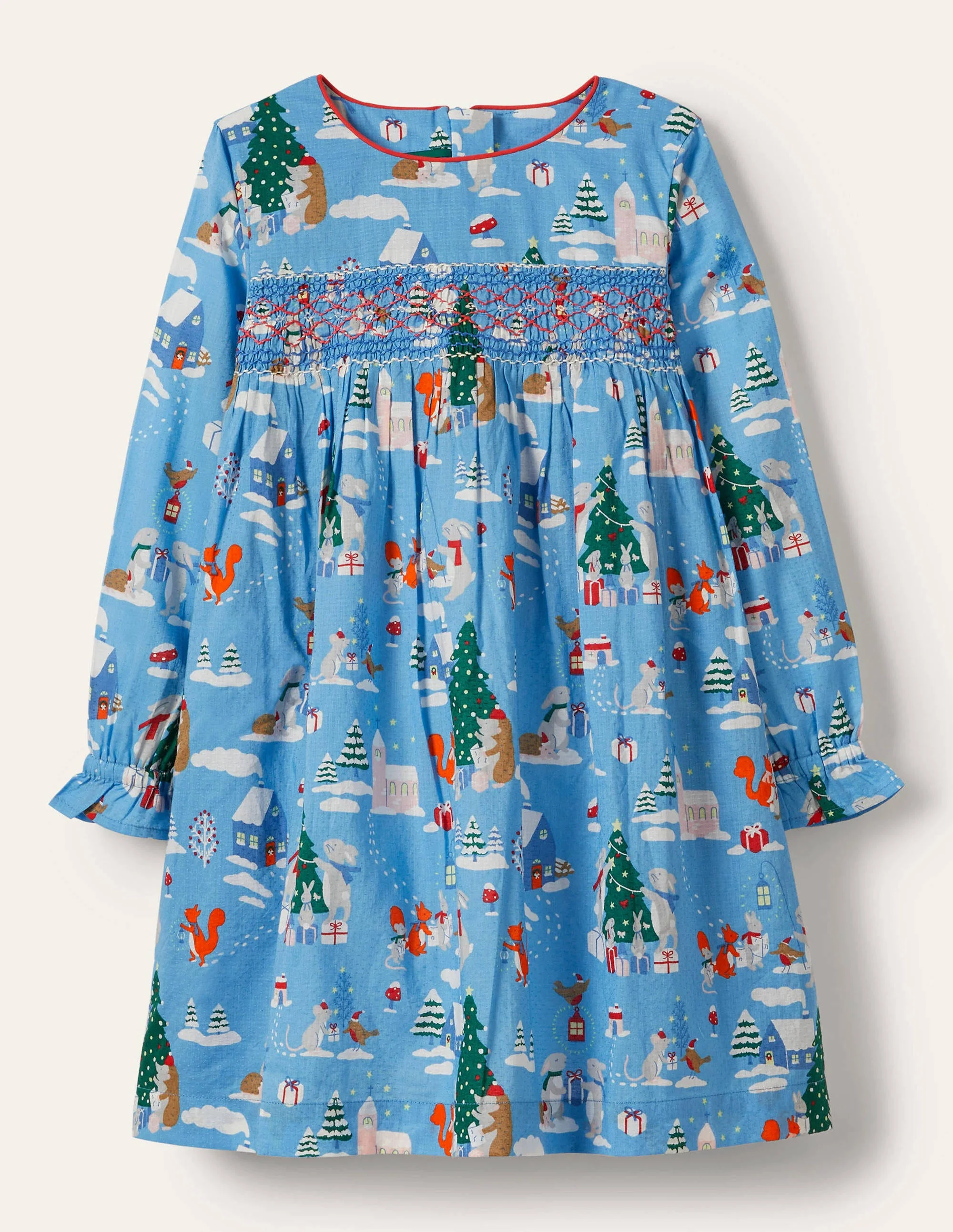 Smocked Dress-Blue Woodland Christmas
