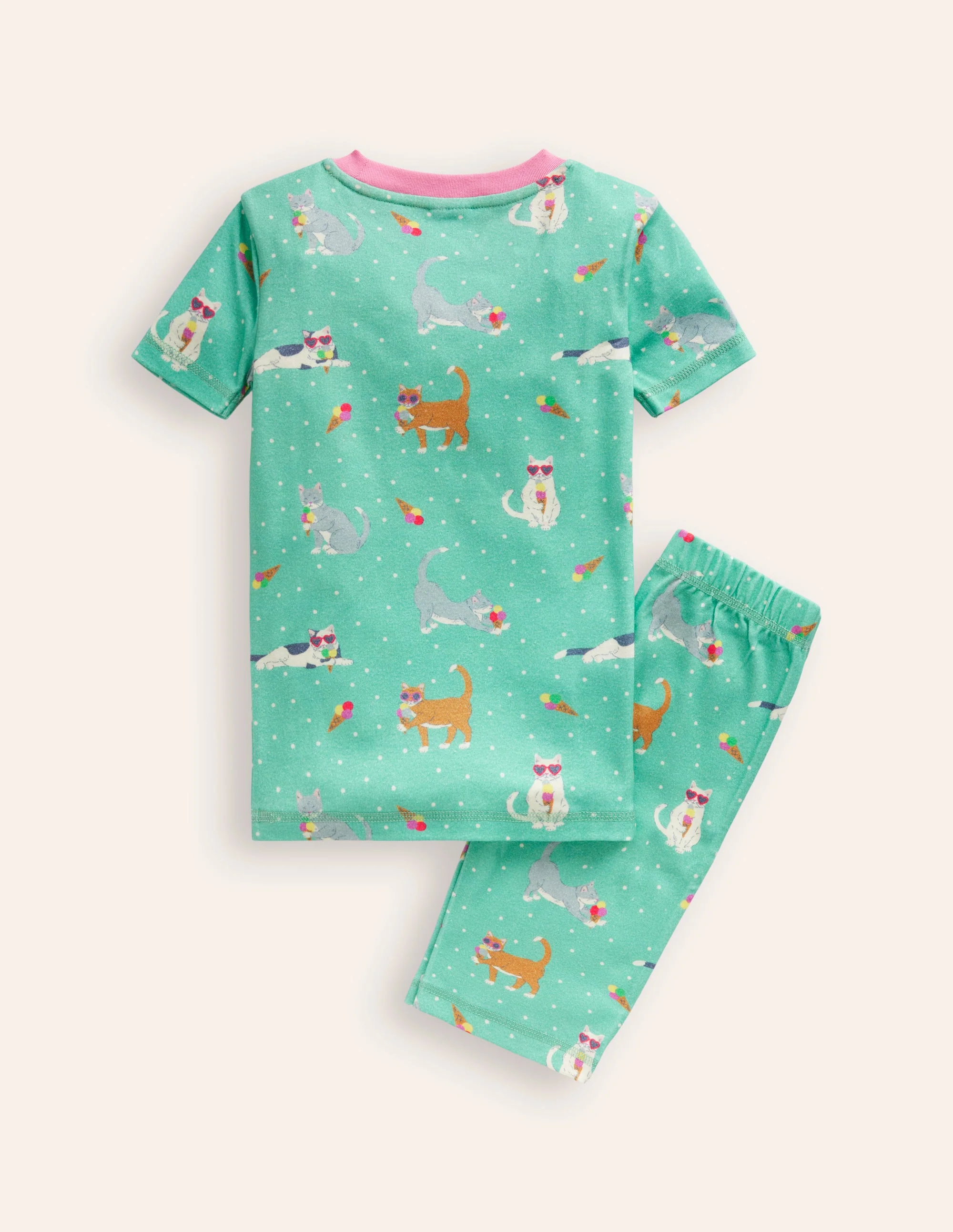 Snug Short John Pajamas-Aqua Sea Blue Holiday Cats - Image 2