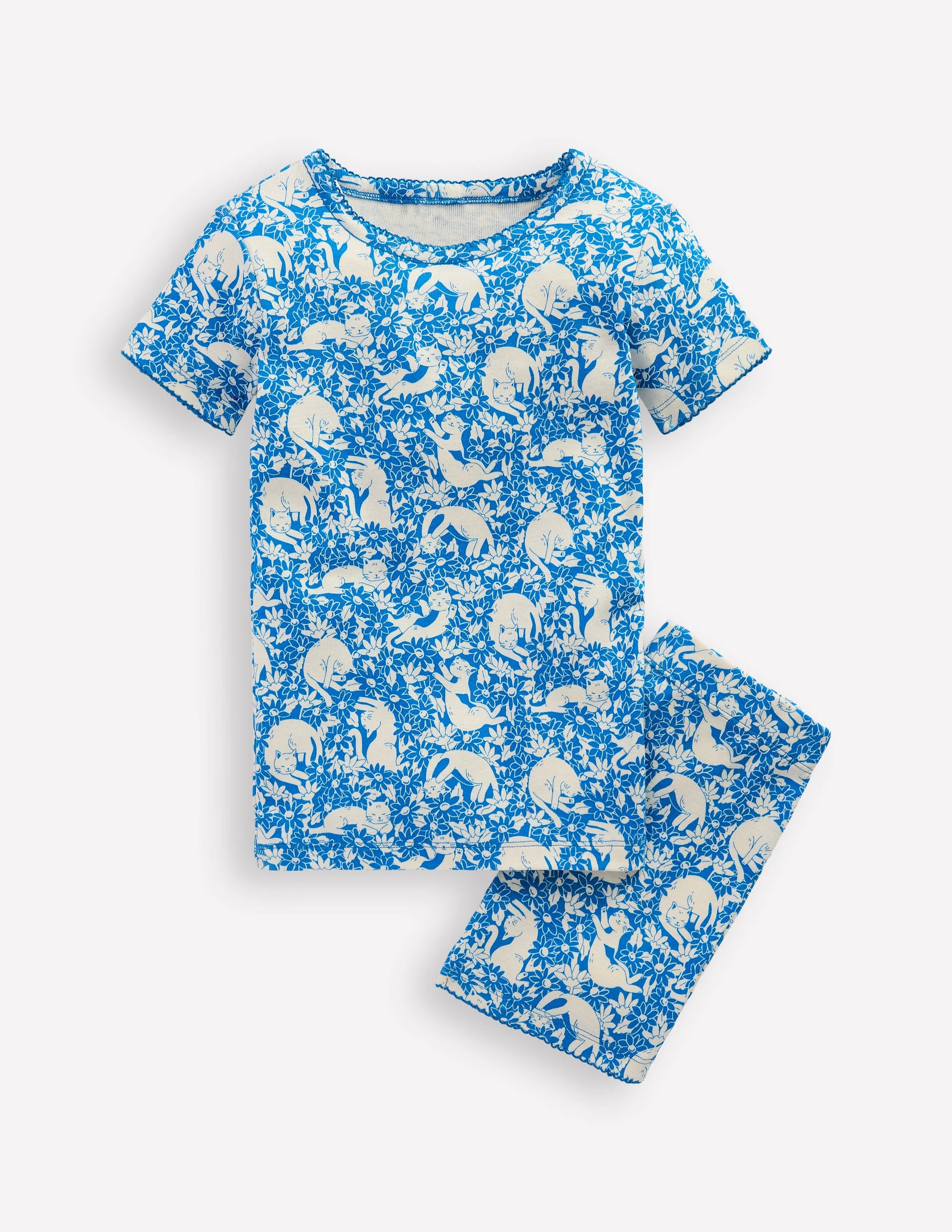 Snug Short John Pajamas-Kingfisher Blue Kitten Meadow