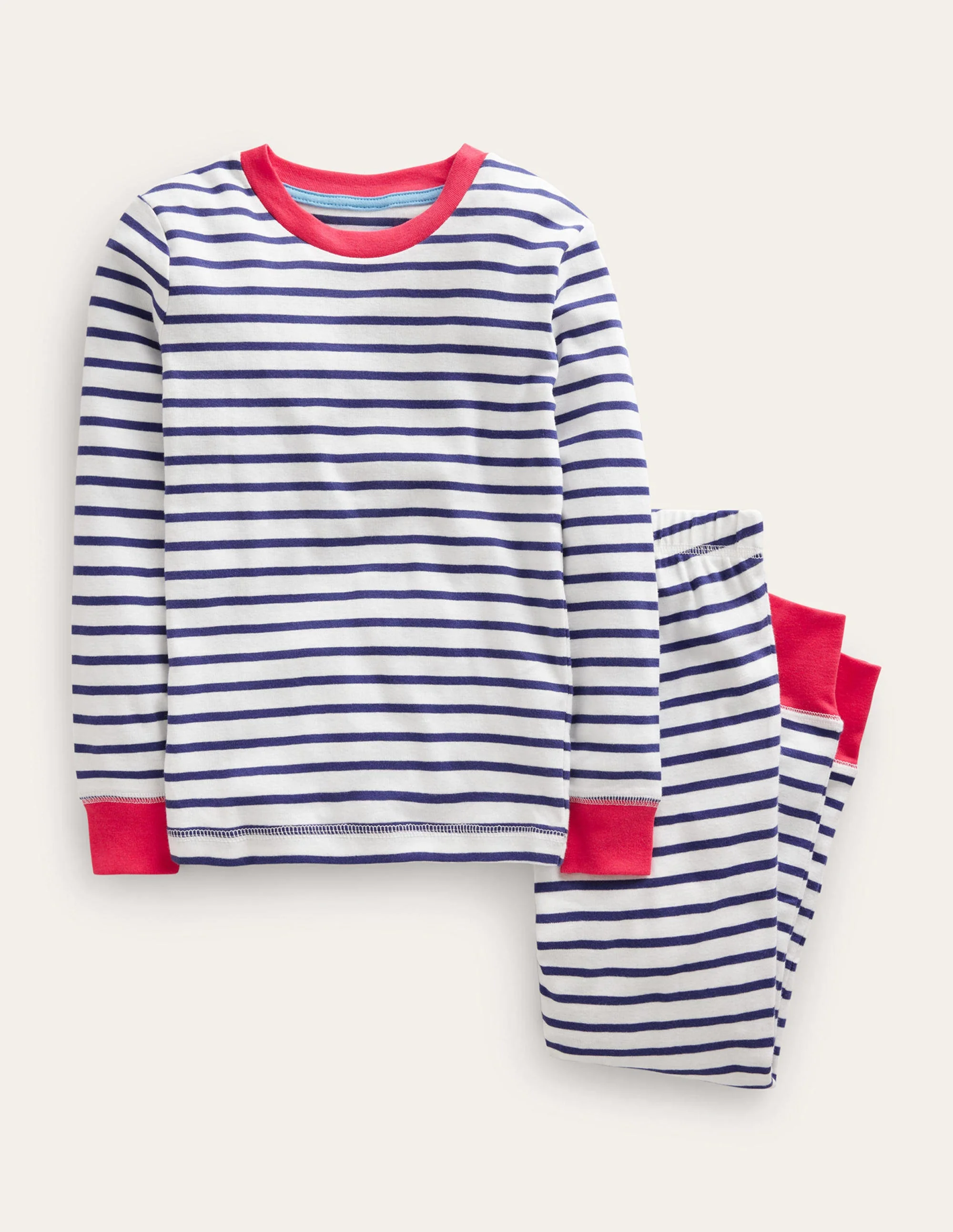 Snug Striped Long John Pajamas-Ivory/Navy Breton