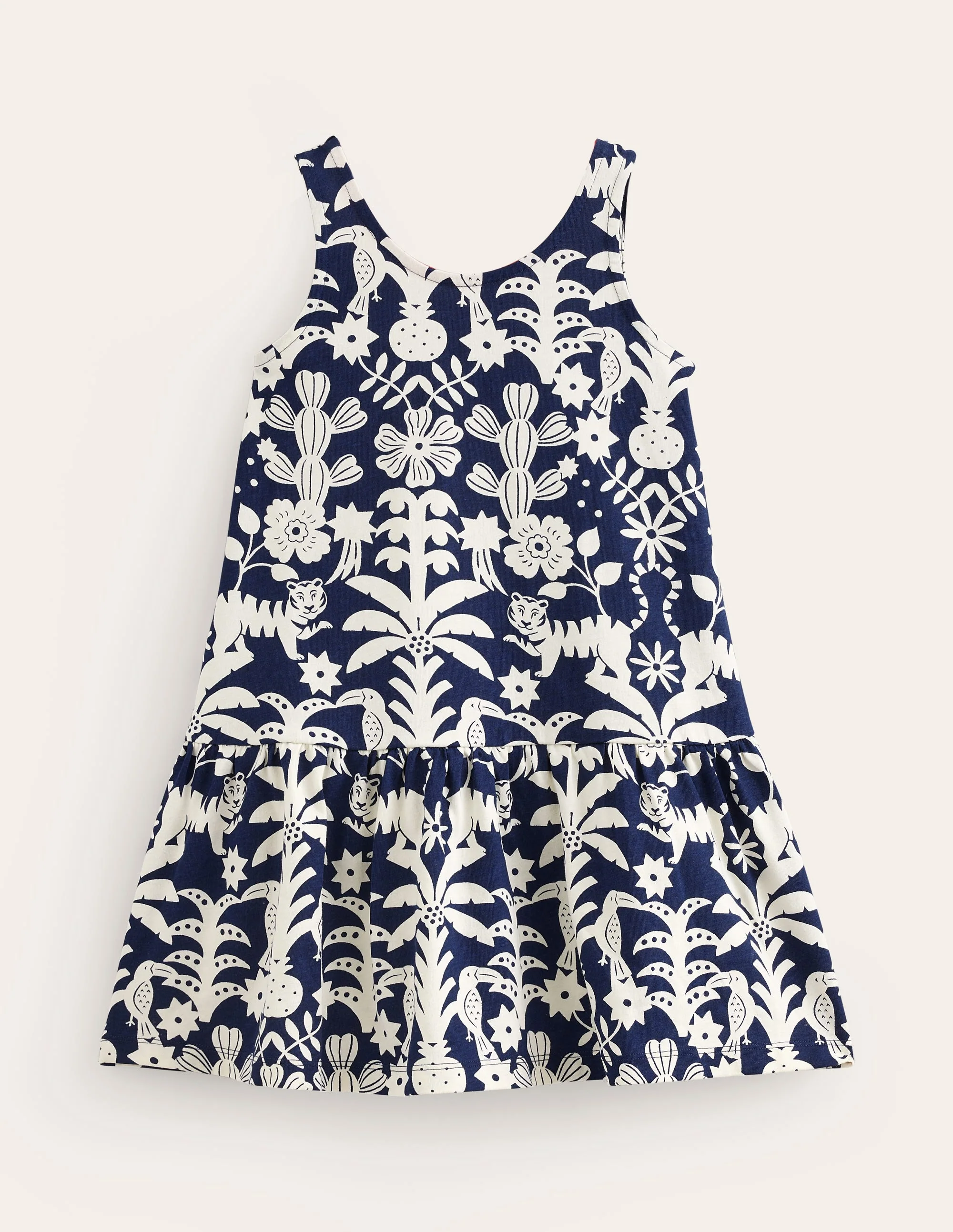 Strappy Drop Waist Dress-College Navy Animal Woodblock