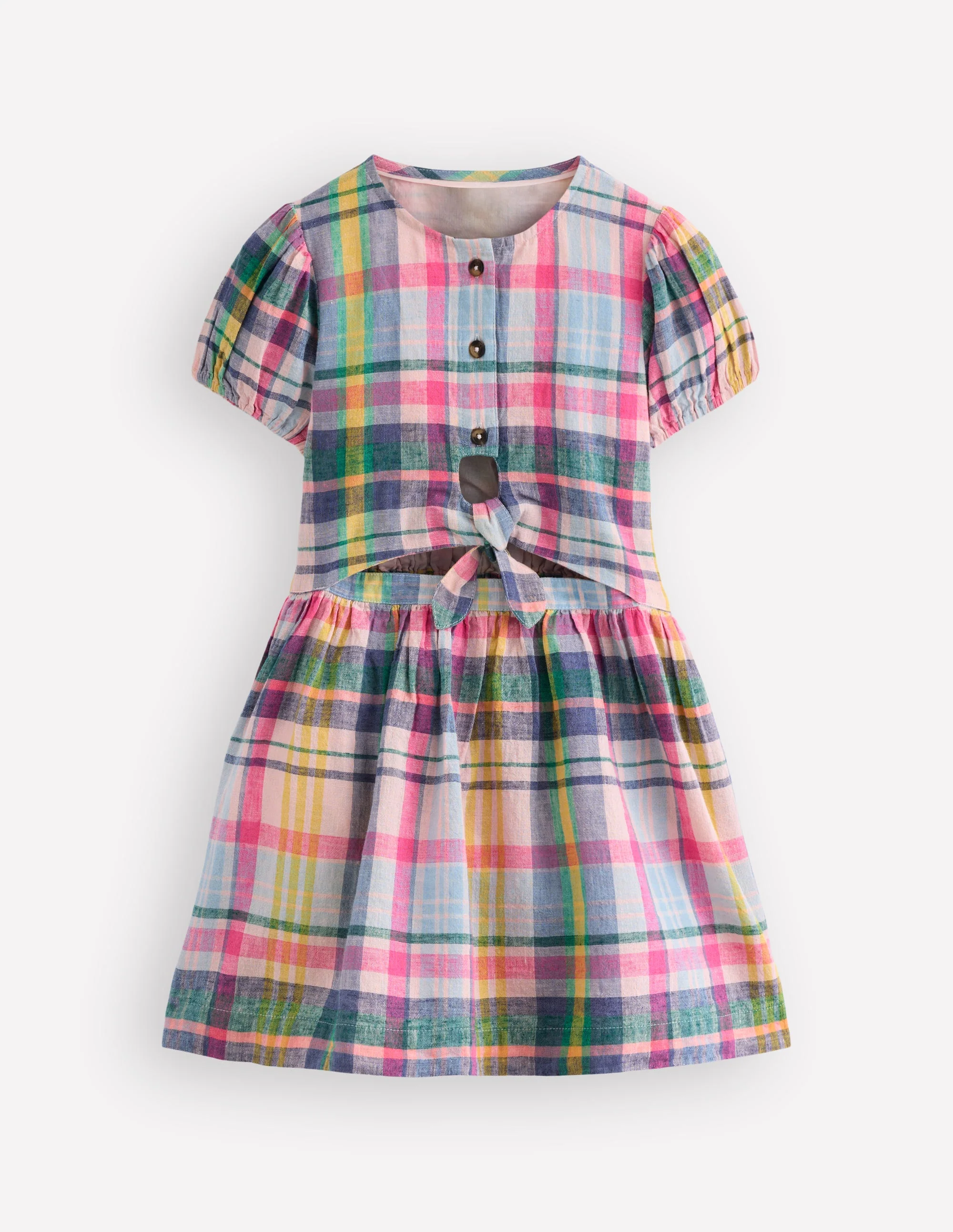 Tie Front Woven Dress-Blue, Pink and Green Check - Image 2