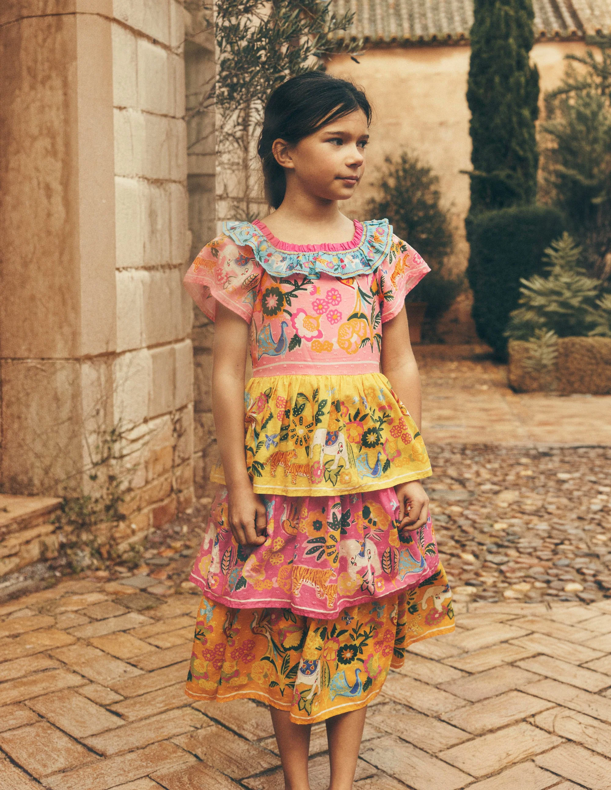 Tiered Ruffle Woven Dress-Sunflower Yellow Jungle Animal - Image 4