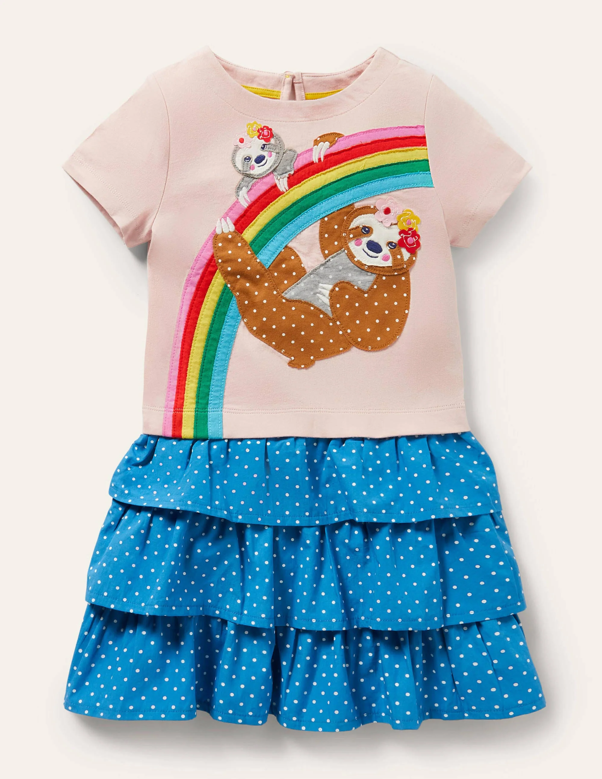 Tiered Skirt Appliqué Dress-Pink Rainbow Sloth