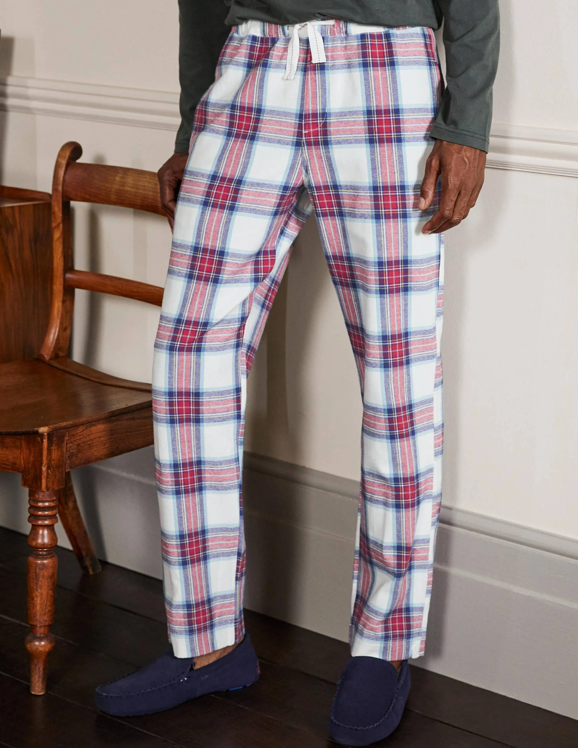 Brushed Cotton Pajama Bottoms-Ivory/ Rockabilly Red Check - Image 4