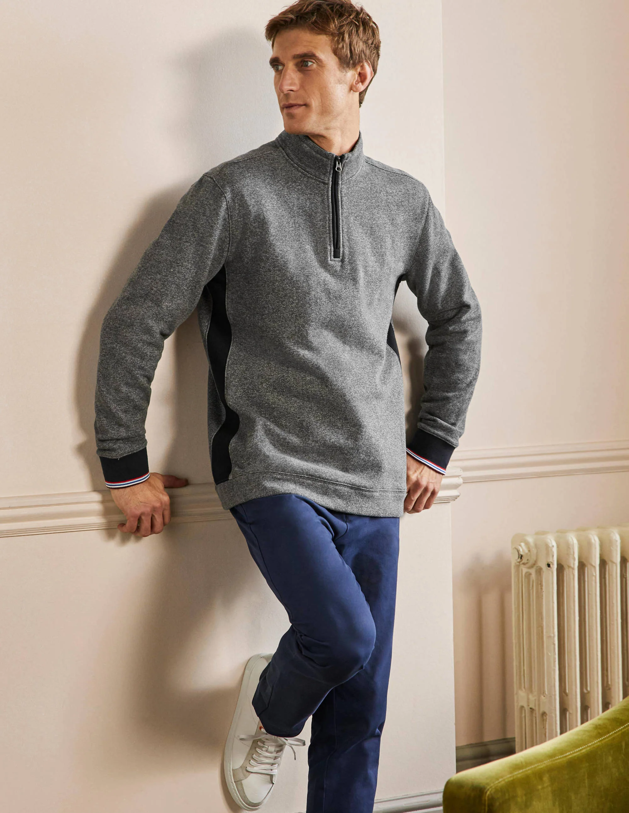 Colourblock Half-Zip Top-Charcoal Marl/Navy Side Stripe - Image 4