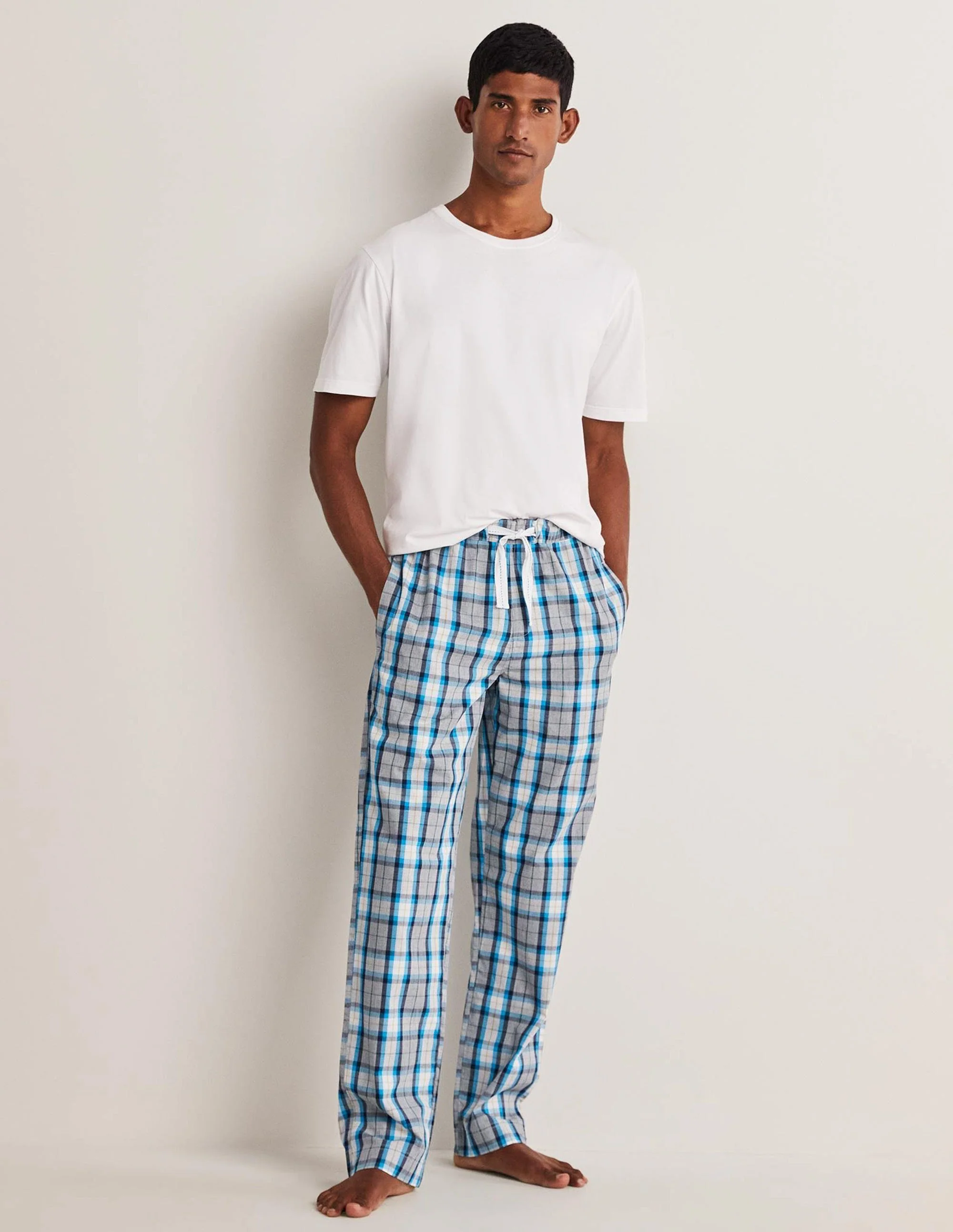 Cotton Poplin Pajama Bottoms-Grey Marl and Blue Check - Image 5