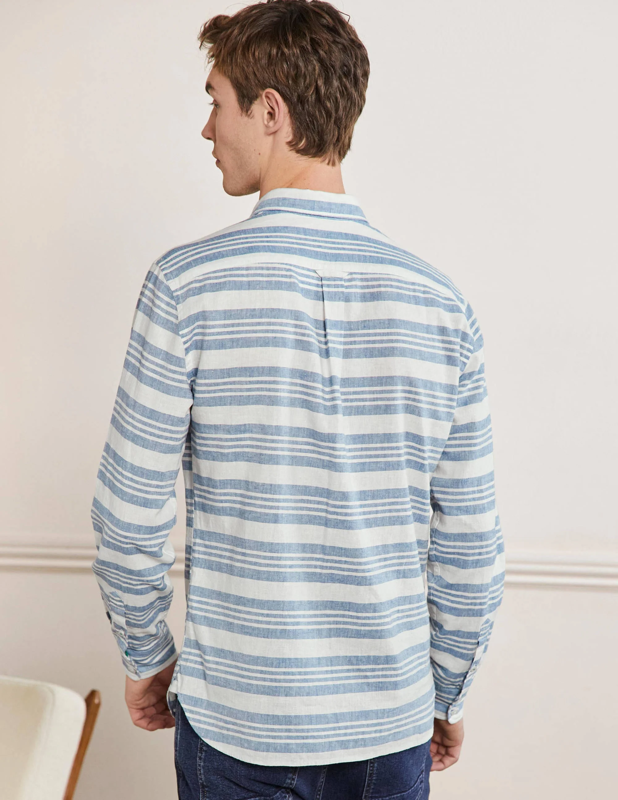 Cutaway Collar Linen Shirt-Regal Blue/Ivory - Image 3