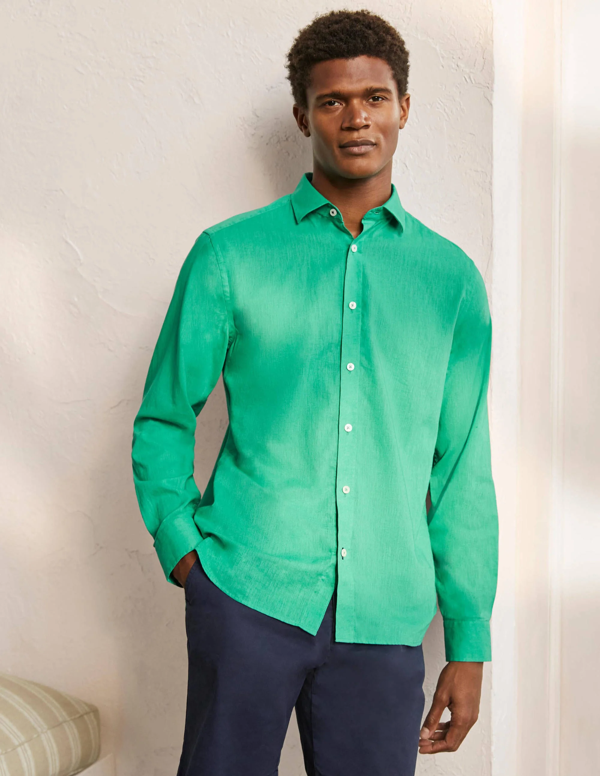 Cutaway Collar Linen Shirt-Sea Green - Image 4