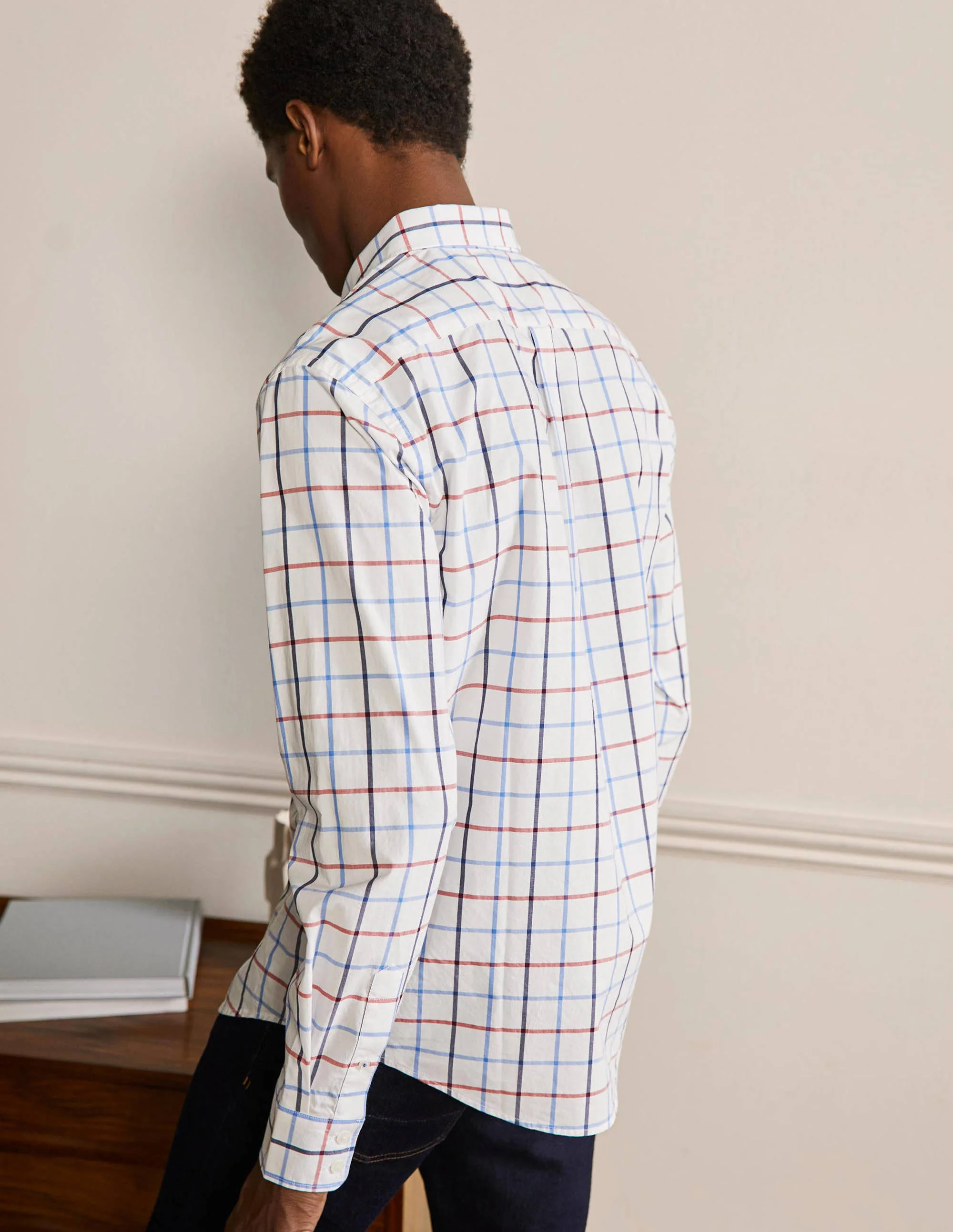 Cutaway Collar Poplin Shirt-Red and Snowdrop Check - Image 3