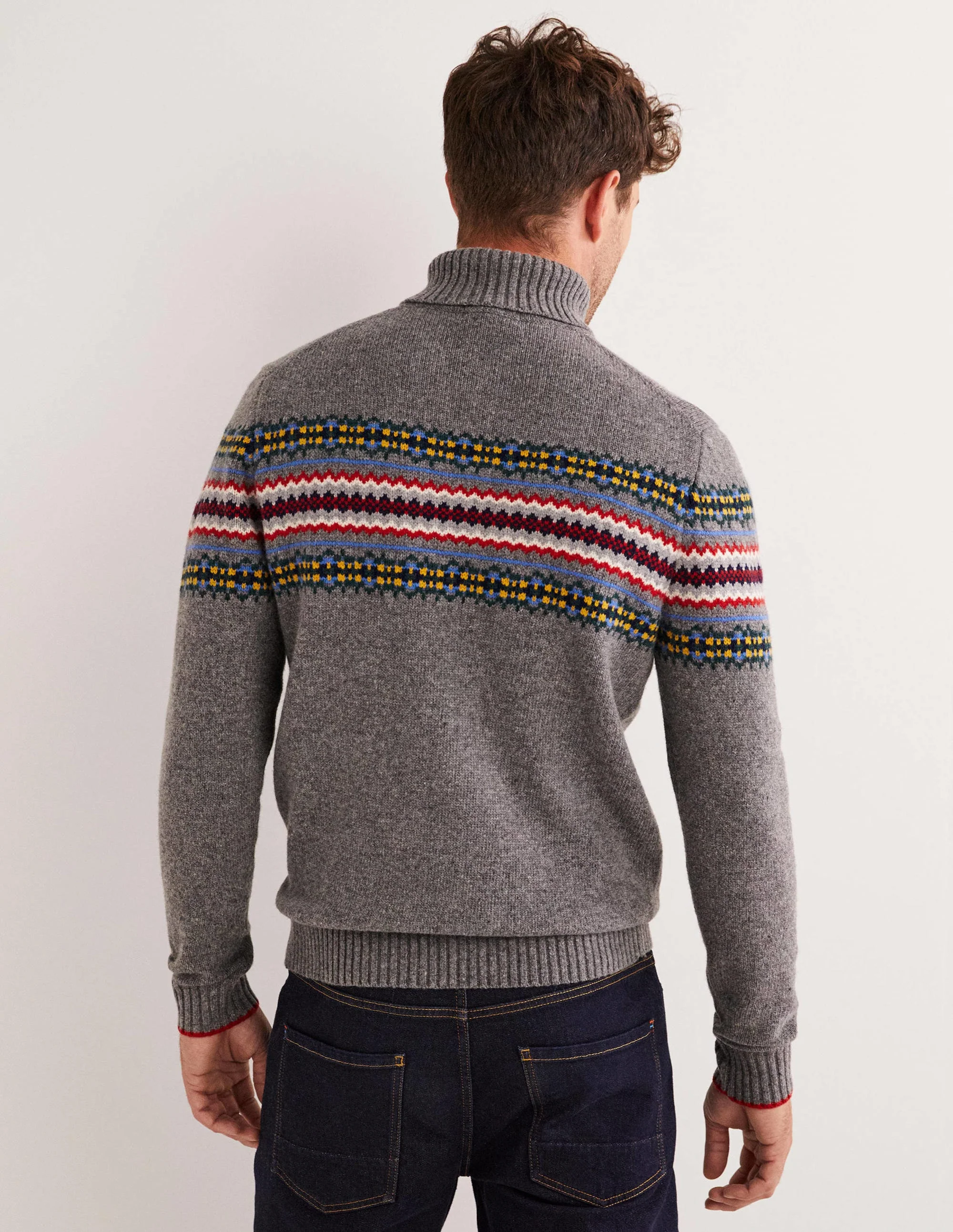 Fair Isle Roll Neck Sweater-Grey Melange Fair Isle - Image 3