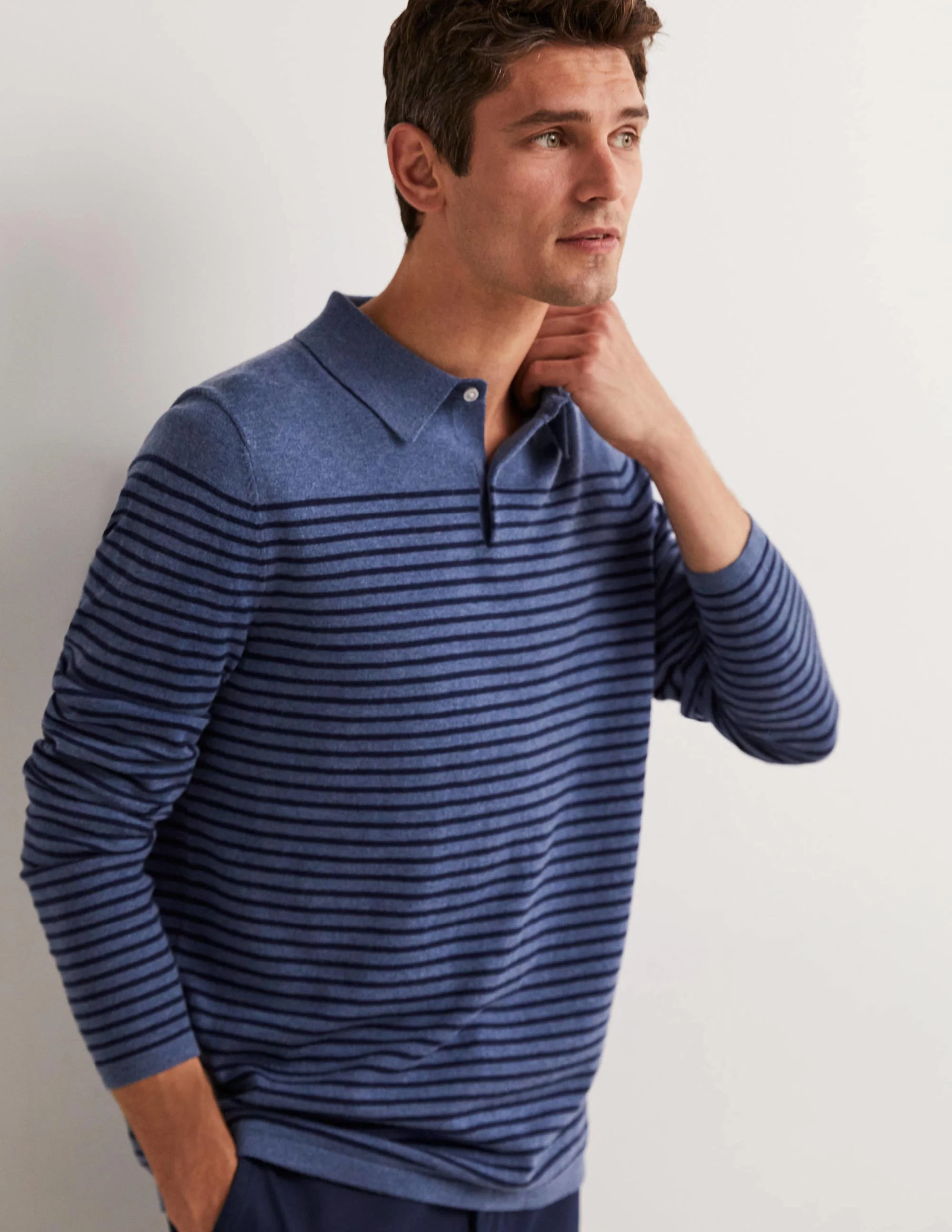 Fine Knit Long Sleeve Polo-Blue/Navy Stripe - Image 4