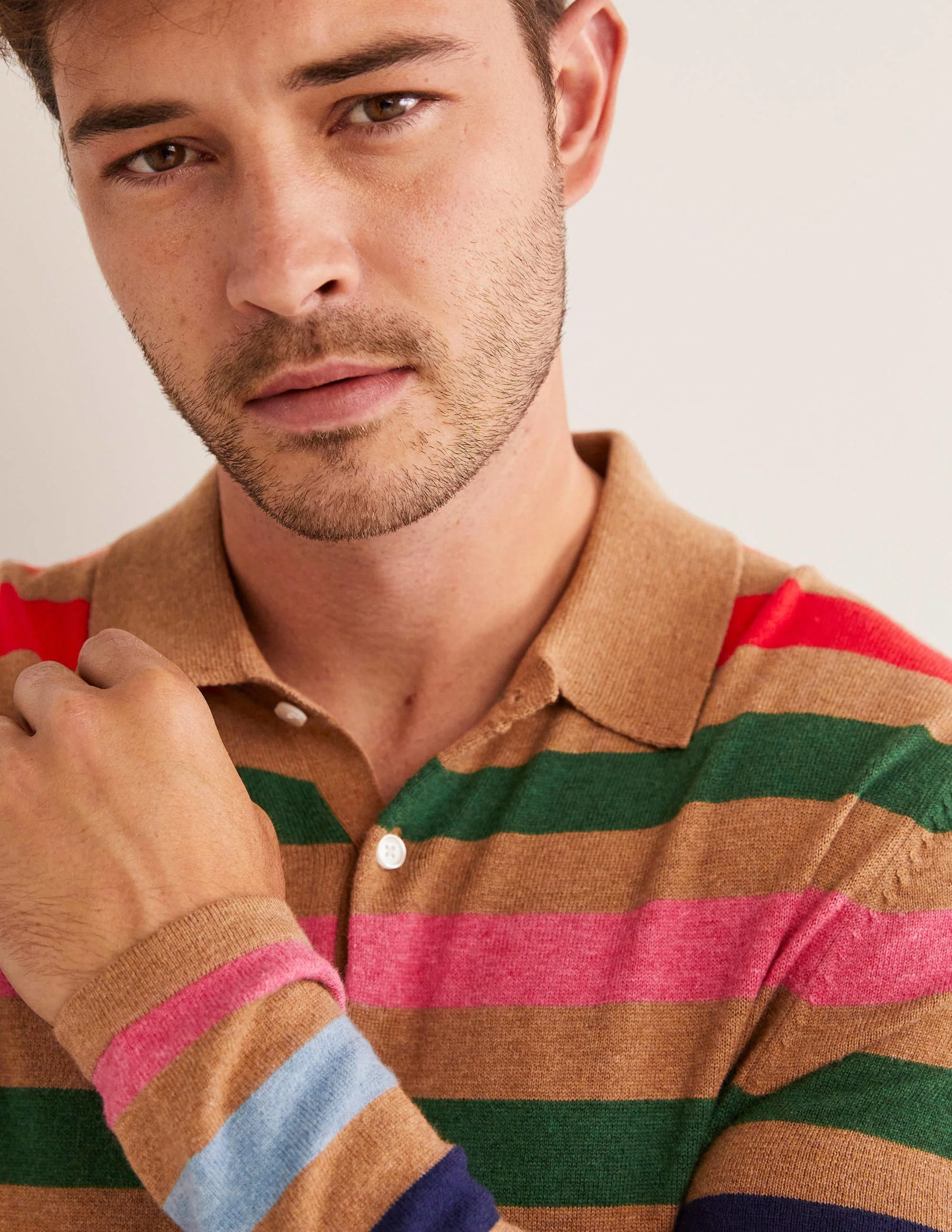 Fine Knit Long Sleeve Polo-Camel Melange Multi Stripe - Image 2