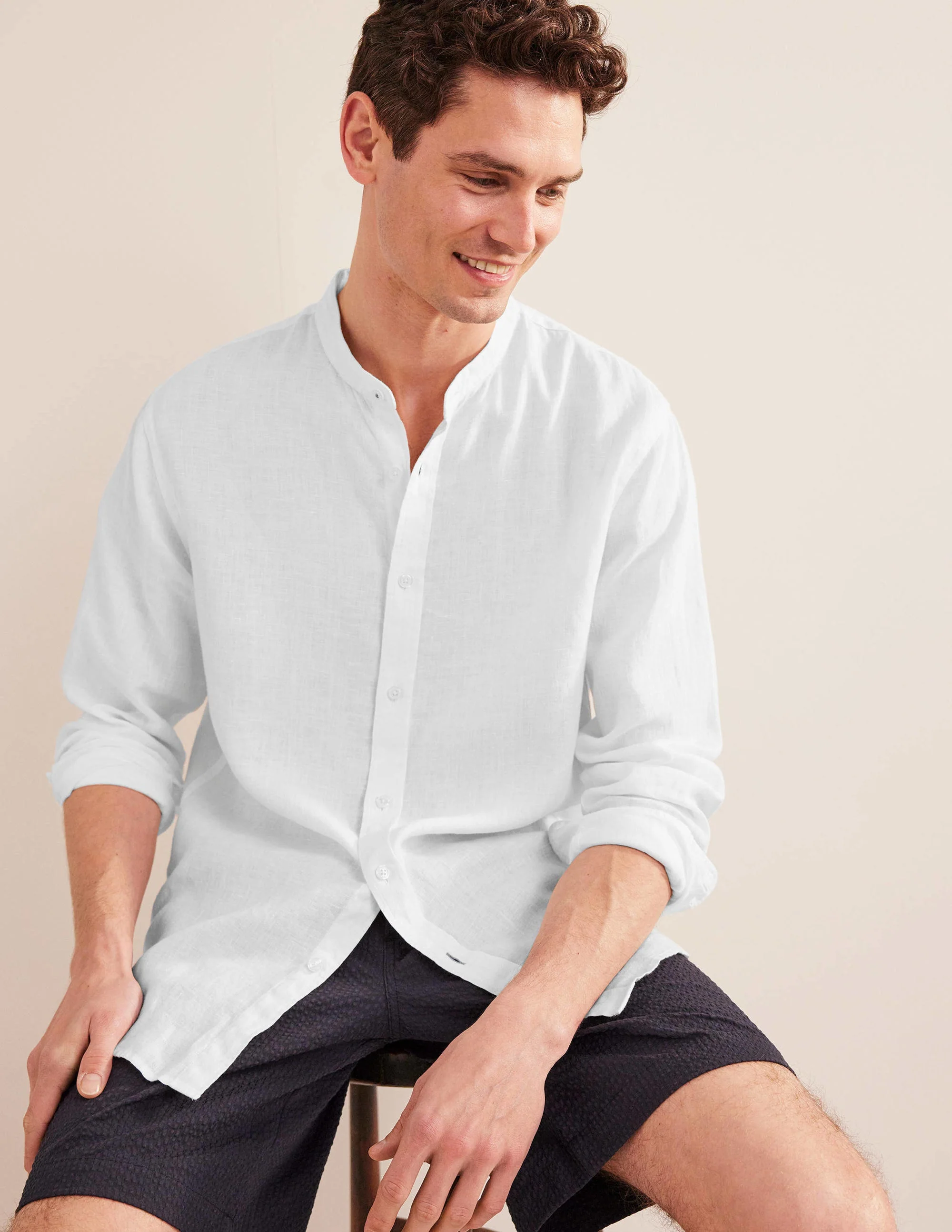 Grandad Collar Linen Shirt-White