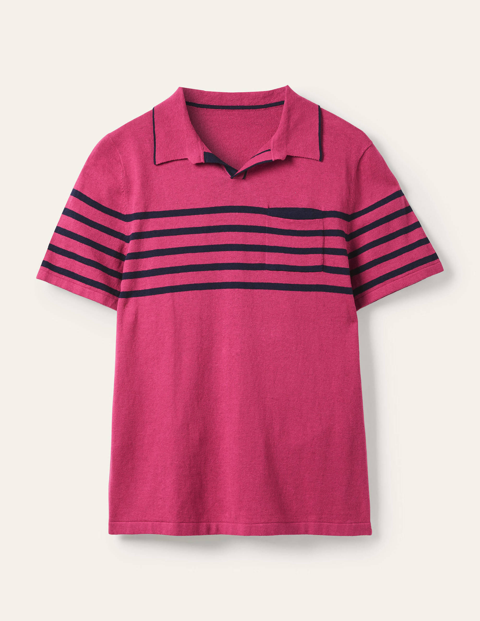 Linen Blend Polo Open Collar-Dusky Rose, Chest Stripe - Image 6