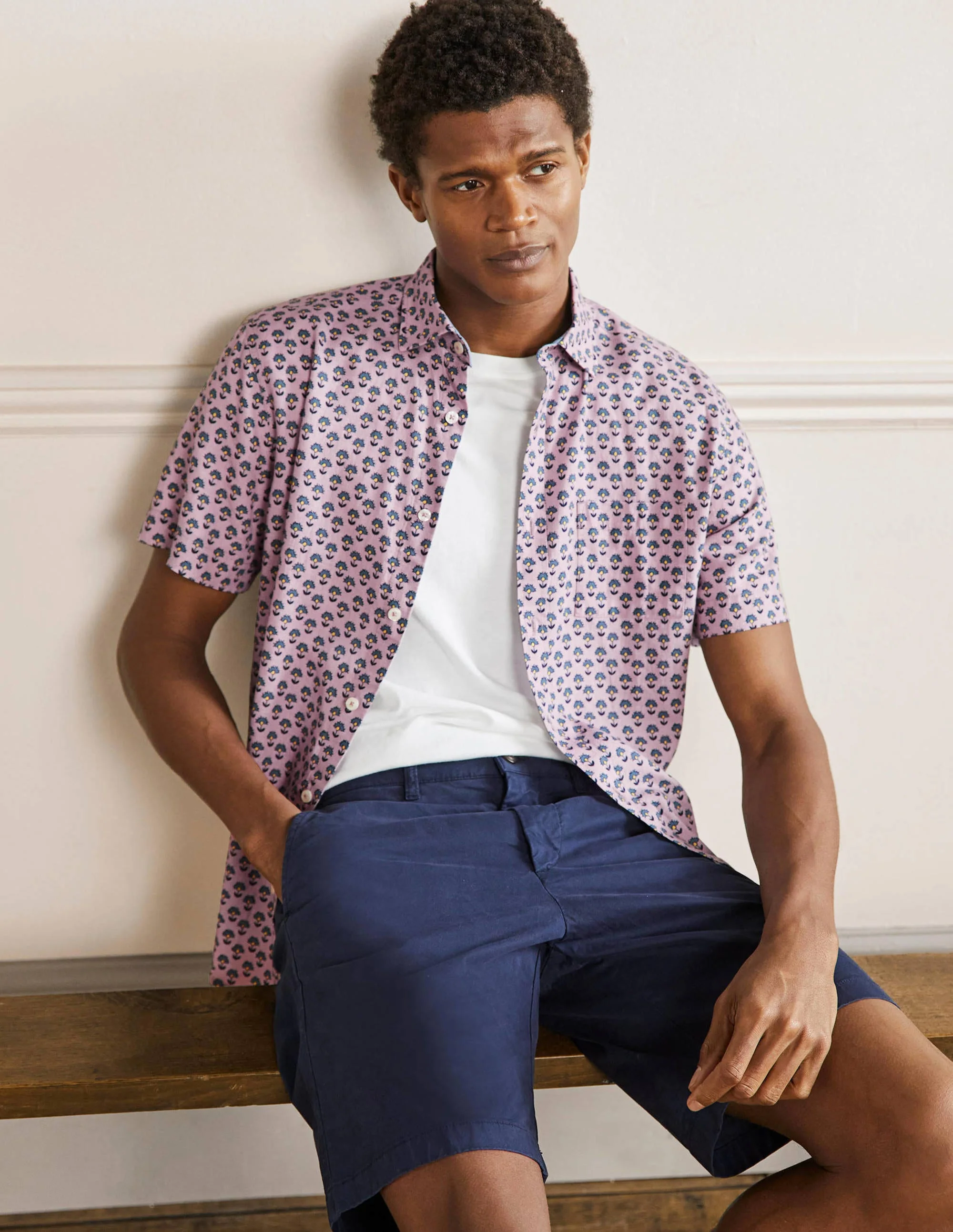Linen Cotton Interest Shirt-Dusky Pink Woodblock Print - Image 5
