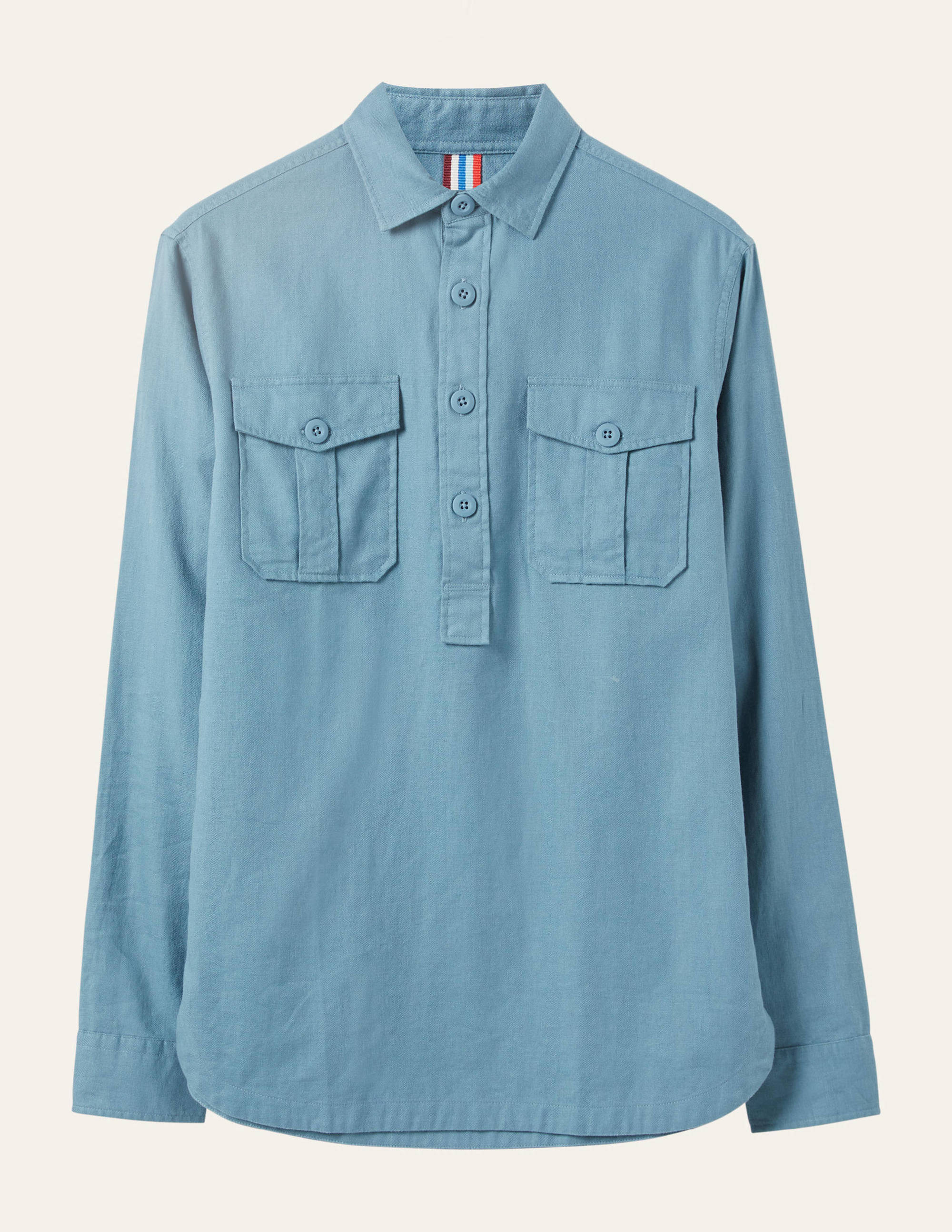 Linen Cotton Popover Shirt-Aegean Blue Herringbone - Image 7