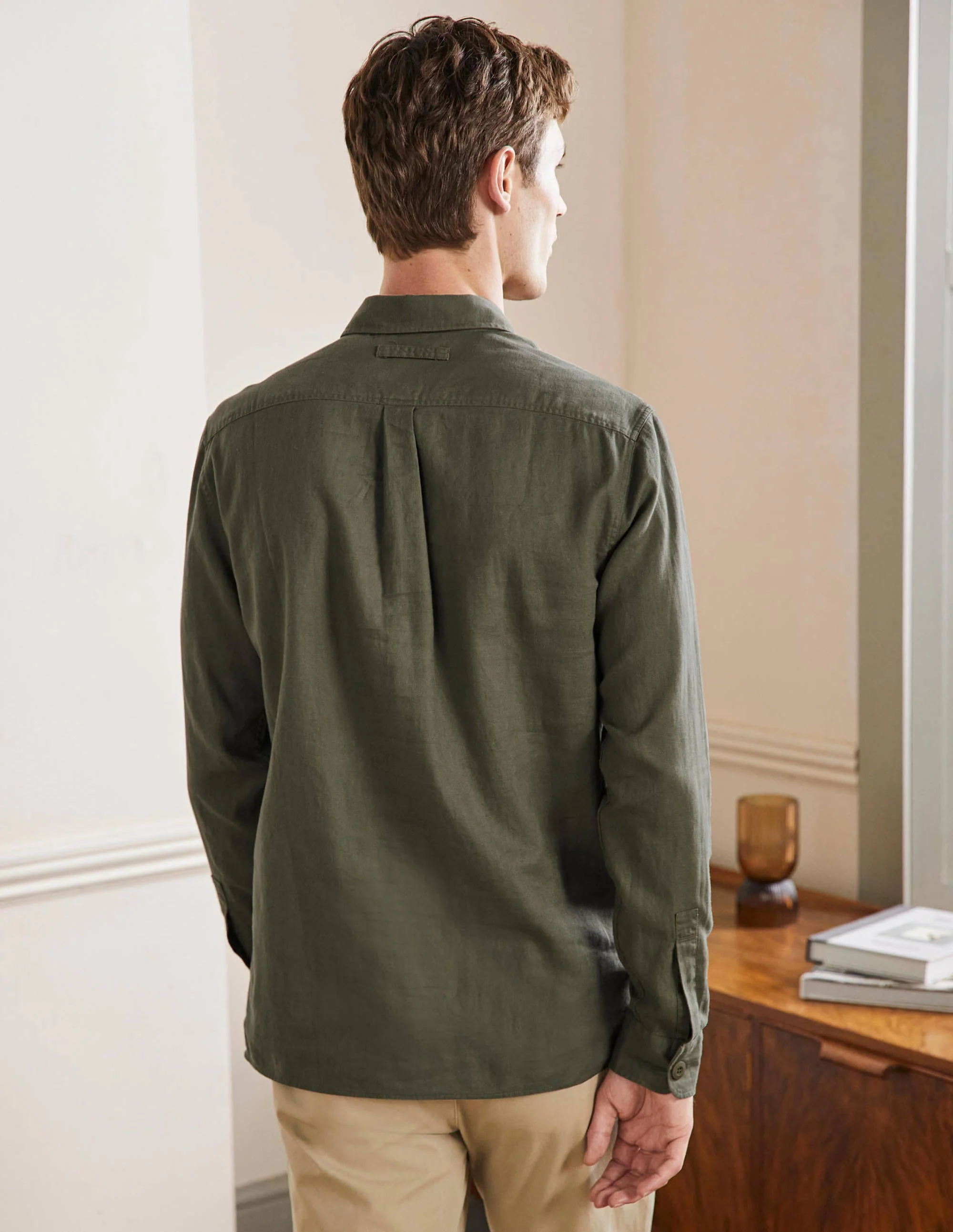 Linen Cotton Popover Shirt-Khaki Herringbone - Image 3