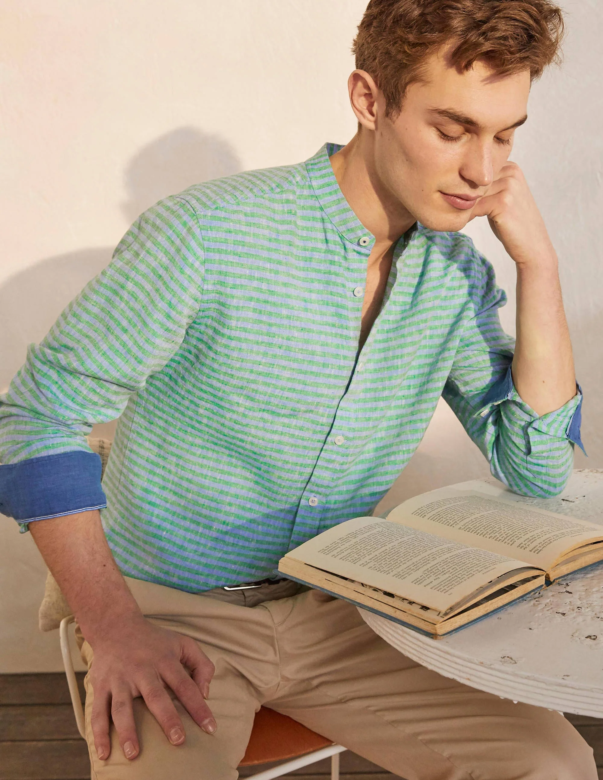Linen Grandad Shirt-Rich Emerald/Coastal Stripe - Image 3