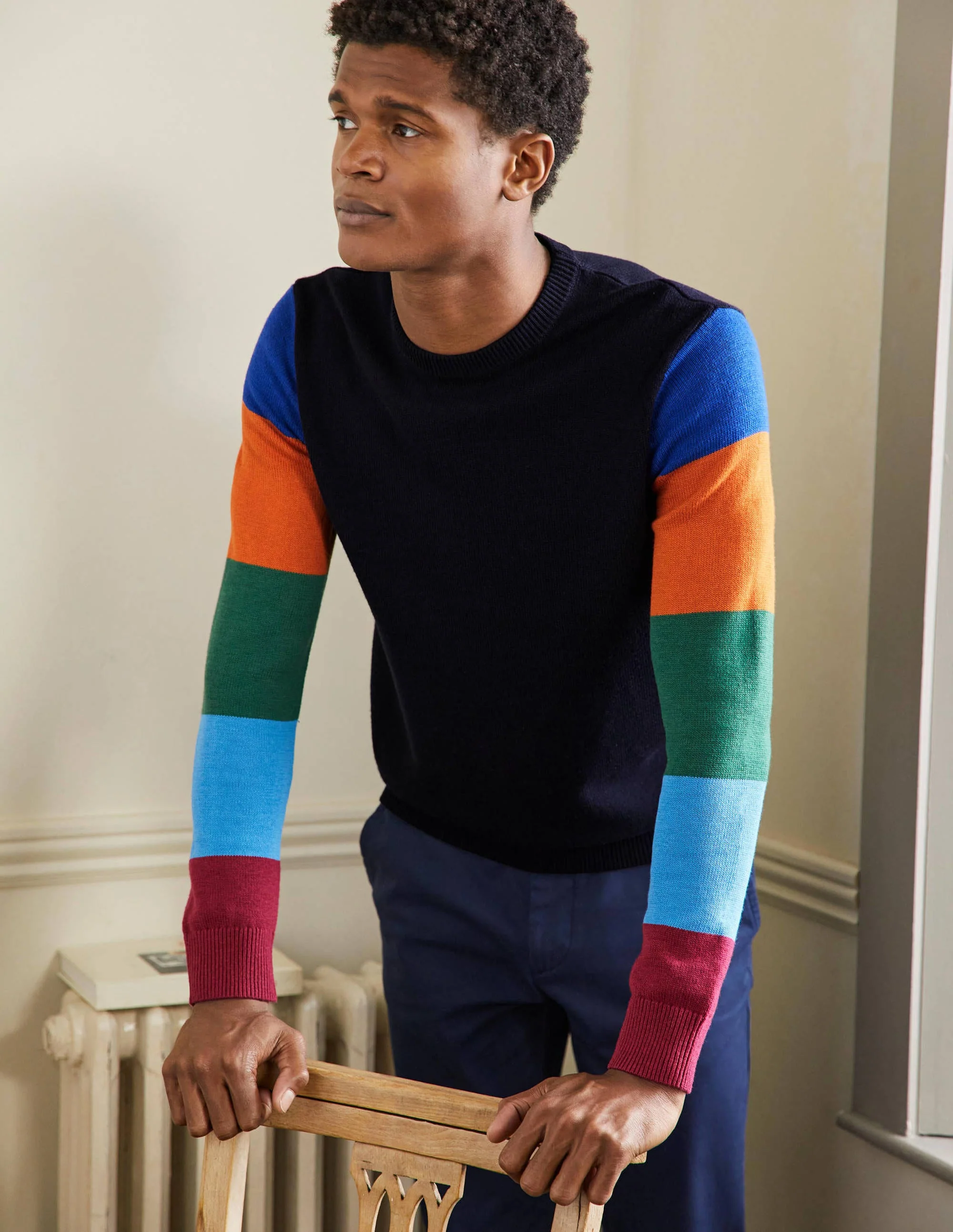 Merino Blend Crew Neck Sweater-Multi stripe Sleeve