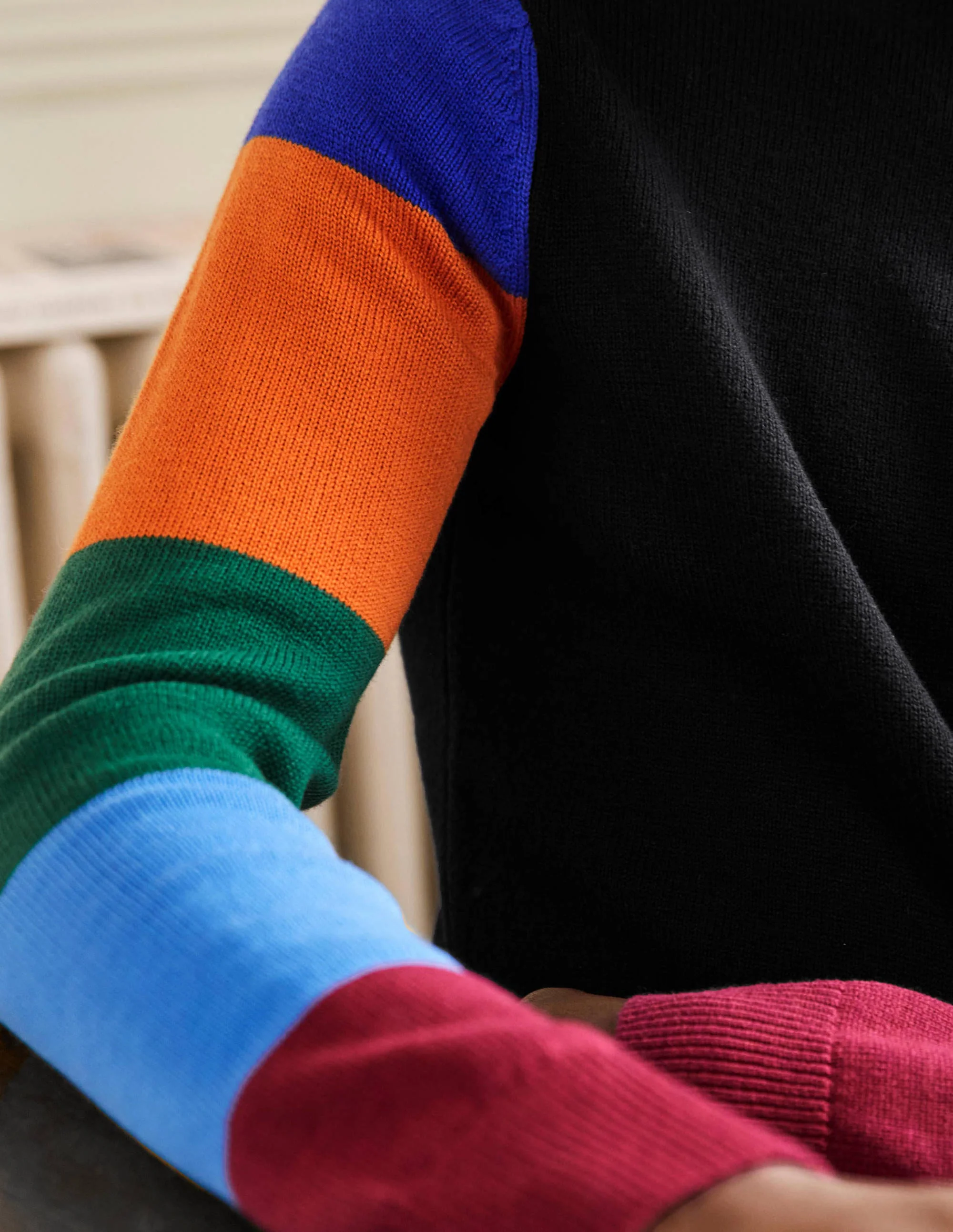 Merino Blend Crew Neck Sweater-Multi stripe Sleeve - Image 2
